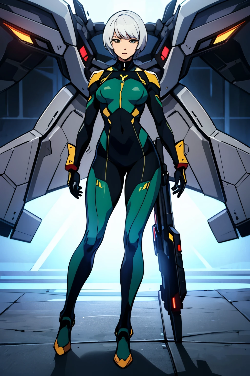 A WOMAN IN WHITE HAIR ,PIXIE CUT ,WEARING TIGHT MECHA SUIT IN GREEN,LONG LEGS,SLENDER BODY,SEXY LEGS,FULL BODY