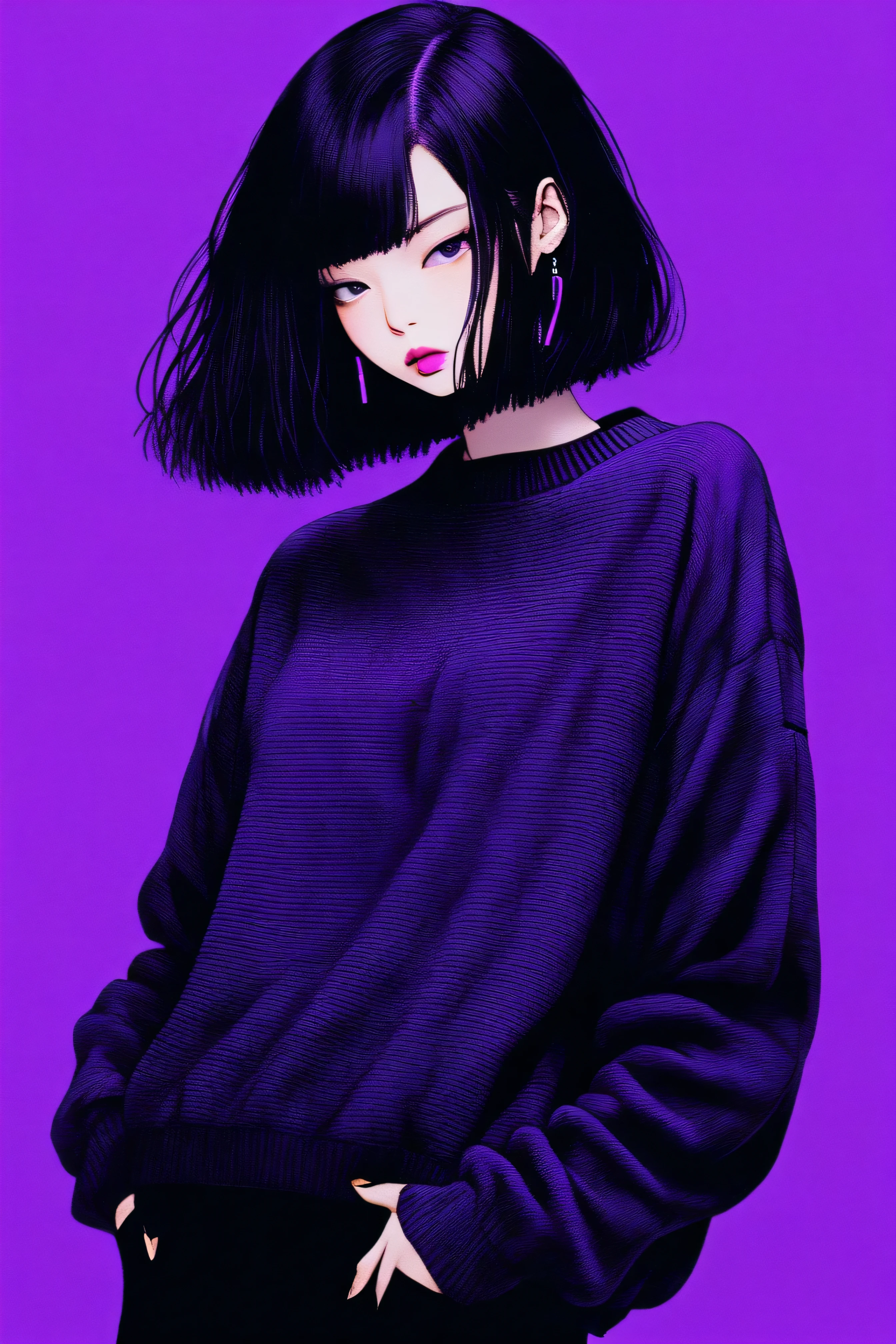 (best quality, sketch:1.2),realistic,illustrator,anime,1 girl, detailed lips,sweater,custom, ( background dark),neon hair,textured cropping,Canadian, masterpiece, style retro classic, noir dark, art, sketch book, (bob hair purple:1.35, black:1.55), bad women , jennie kim