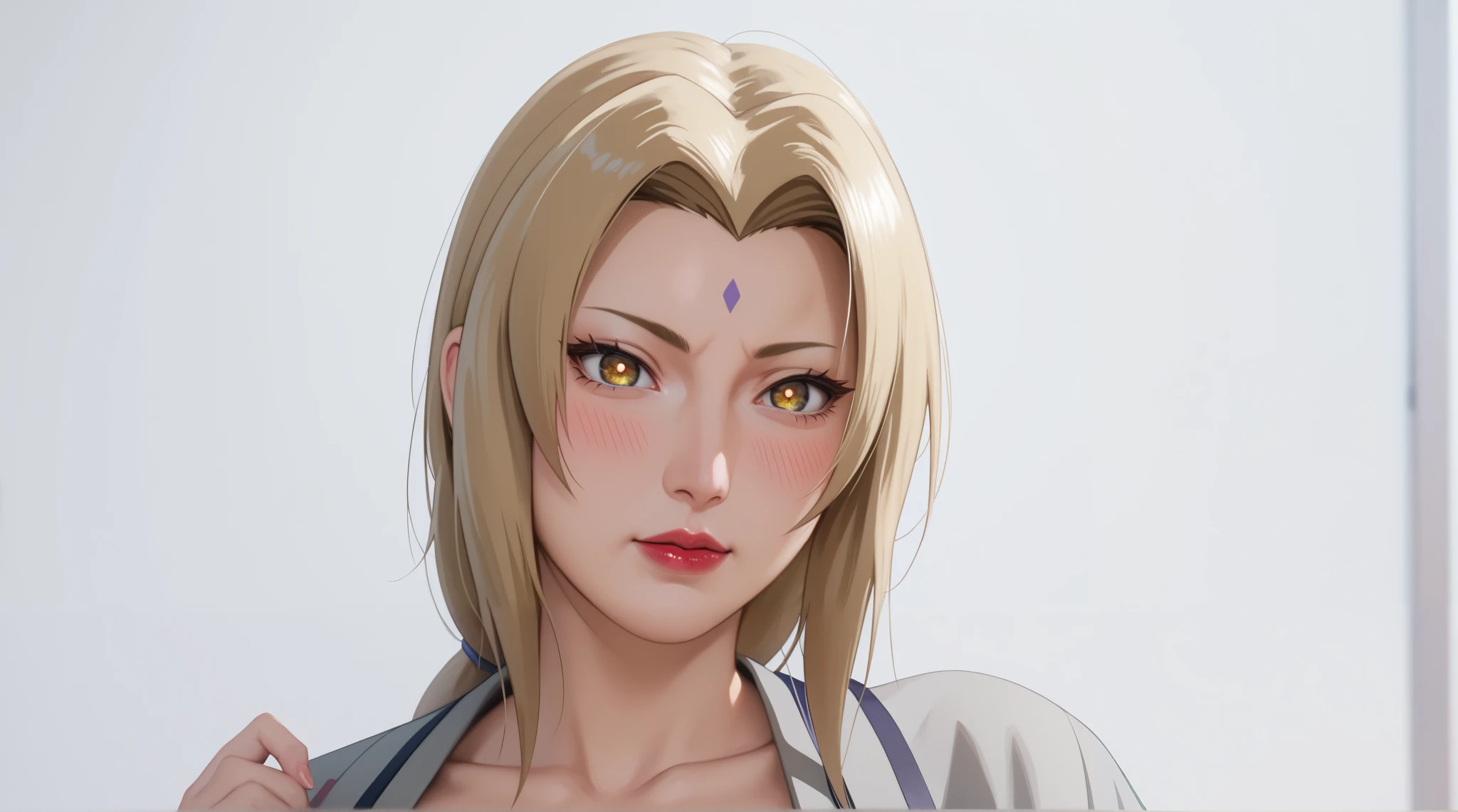 score_9,score_8_up,score_7_up,high res image,masterpiece,best quality,realistic,mature female,Tsunade,t5un4d3,Light yellow long hair,blue purple mark on forehead,light yellow thin short eyebrows,bright brown pupils,light red lips,dark green jacket,long sleeves,collarbone,grey kimono,blue obi,blue pants,(hanging breasts:1.1),(huge breasts:1.2),(blush:1.3),(shyi:1.2),