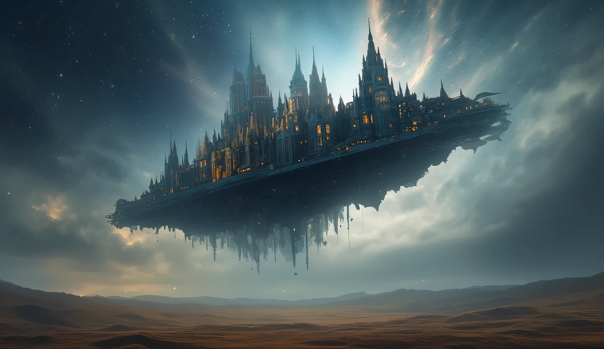  Sci-Fi movie scene .  interstellar nebular sky ,  dusty earth below .  Sci-Fi flying city ,  wandering across the cloudy sky .  Gothic-style cloud city .  high-angle overview . Golden ruins and cybernetic lines decorate, cruel darkness . ( ultra-realistic photo , 32k,  masterpiece,  high quality,  Detailed and realistic background ,  official art ,  realistic lighting , movie photos , Film grain,  reverse film photograph ).