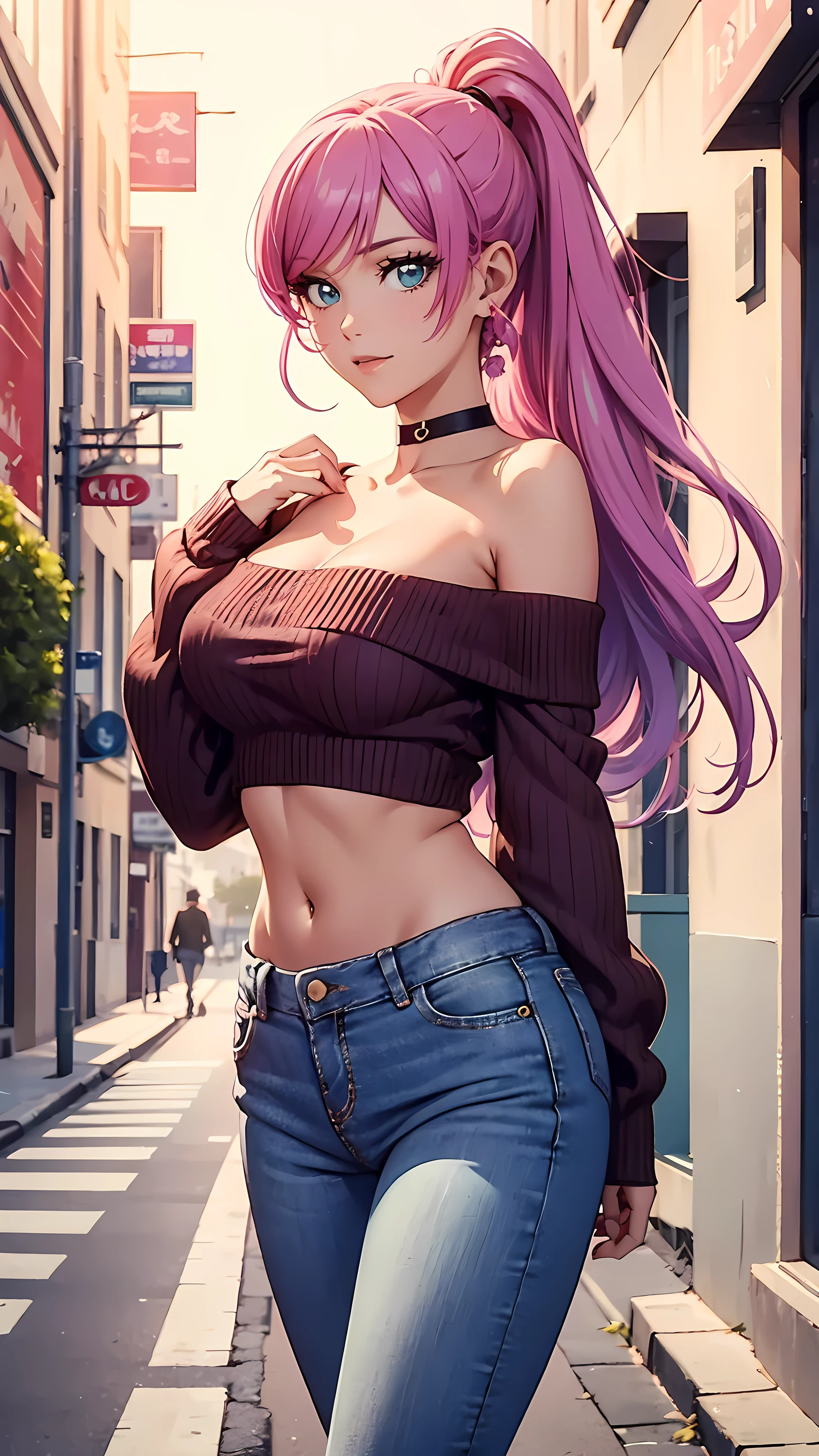 Beautiful pink hair girl is shown to have a sexy figure, she is wearing a nsfw off shoulder crop sweater and jeans, choker, happy look, blue eyes, ponytail, girl walking down a street ,sexy session, sexy pose, cowboy shot, superior quality, many details, realistic