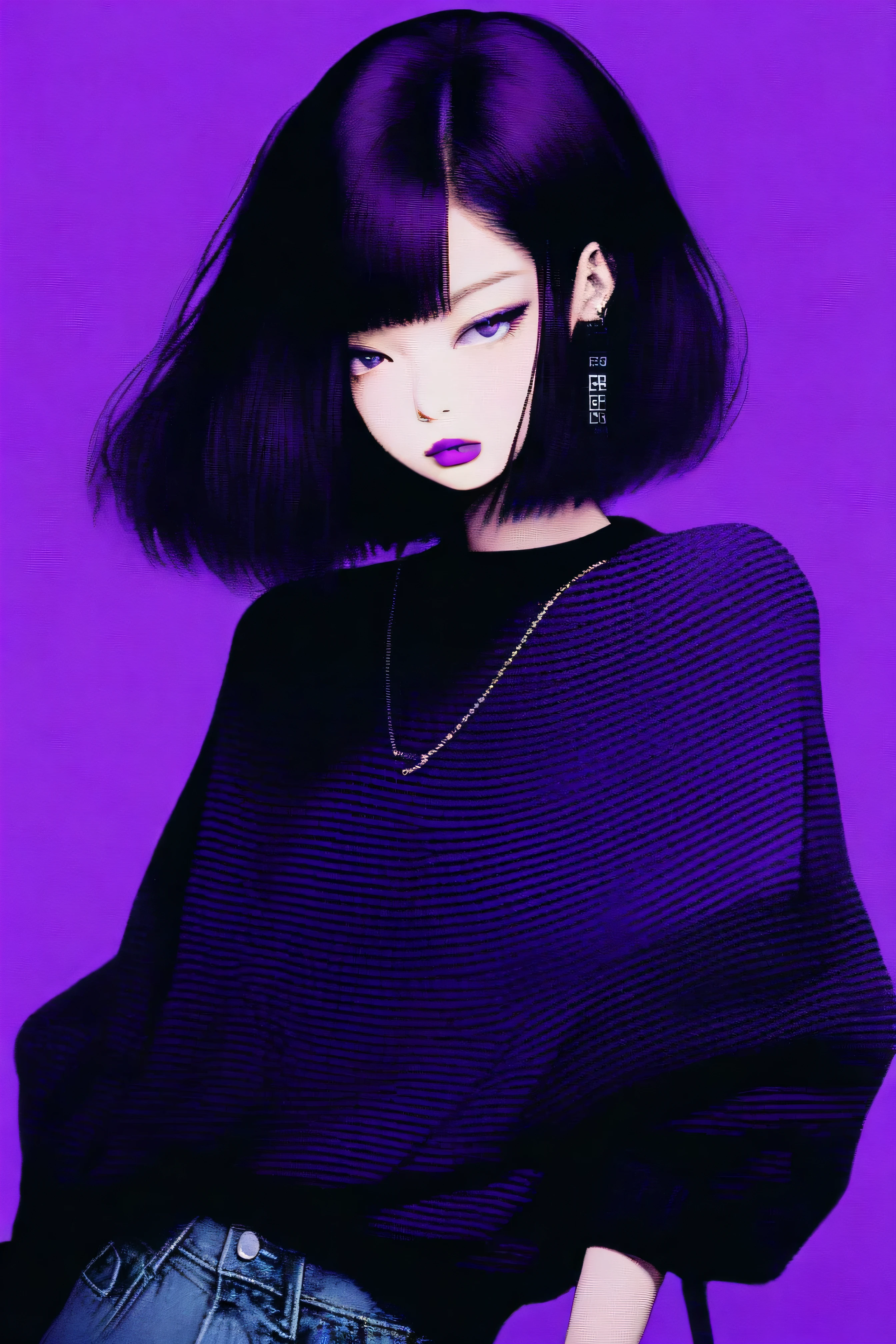 (best quality, sketch:1.2),realistic,illustrator,anime,1 girl, detailed lips,sweater,custom, ( background dark),neon hair,textured cropping,Canadian, masterpiece, style retro classic, noir dark, art, sketch book, (bob hair purple:1.35, black:1.55), bad women , jennie kim