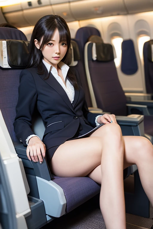 (8K, 4K, Best Definition, HDTV, Super HDTV: 1.1), (Master Piece, Real, Phototreal: 1.1), 1 Girl, Solo: 1.5, Full Body, Kepop Star, Korean Beauty Model, Fancy Makeup, Beauty Flight Attendant on the Plane, Blazer: 1.2, Short Skirt: 1.3, Be sure to wear a blazer and skirt and high heels: 1.2, blouse, bare feet, high heels, open crotch: 1.2, 100 degree open legs: 1.2, M-shaped spread legs, observed through see-through wet white panties: 1.2, pantyus skirt visible from below, tall, height is 170 cm, long legs, high contrast, brown long hair, low angle: 1.3, beauty face: 1.5, perfect ratio, female shape" Pubic area clearly visible, no panties