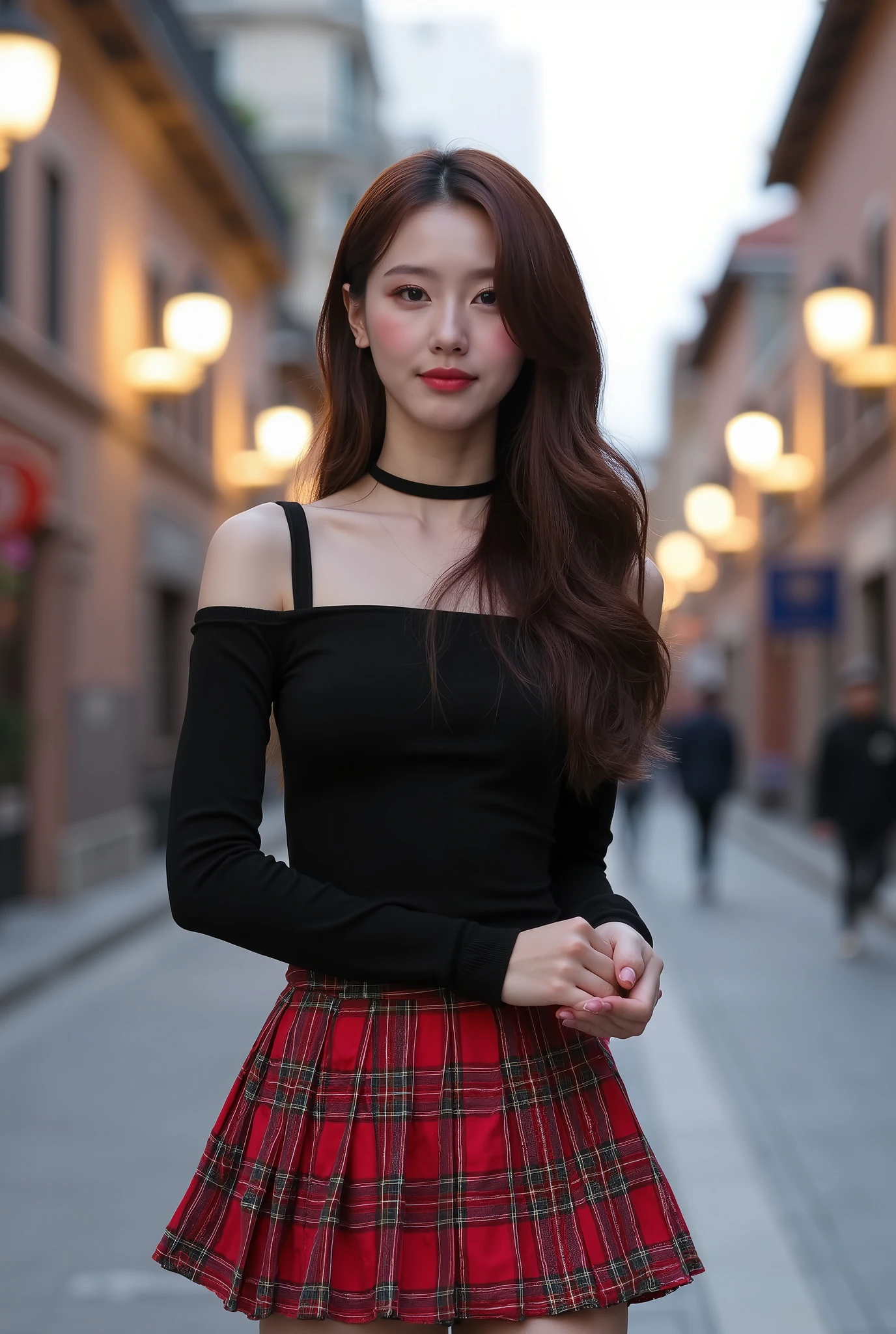 (m1yeon) (High Quality High Resolution 8k Realistic) Portrait of an 18-year-old girl with a slender figure, naturally glowing skin, a gentle face, natural pink lips, beautiful facial details, and chic gradient long brown hair, standing confidently on a street at dusk. She wears a chic off-the-shoulder top. Her outfit consists of a red plaid pleated skirt that adds a touch of youthful energy and vitality to her look. The backdrop of the street looks calm and old. The natural light emphasizes her confident posture and graceful features. The backdrop of the sophisticated city center contrasts beautifully with her modern and stylish appearance. The atmosphere is peaceful, and the lights from the lamp posts cast soft shadows, adding to the overall balance between youth and cultural heritage in the composition.