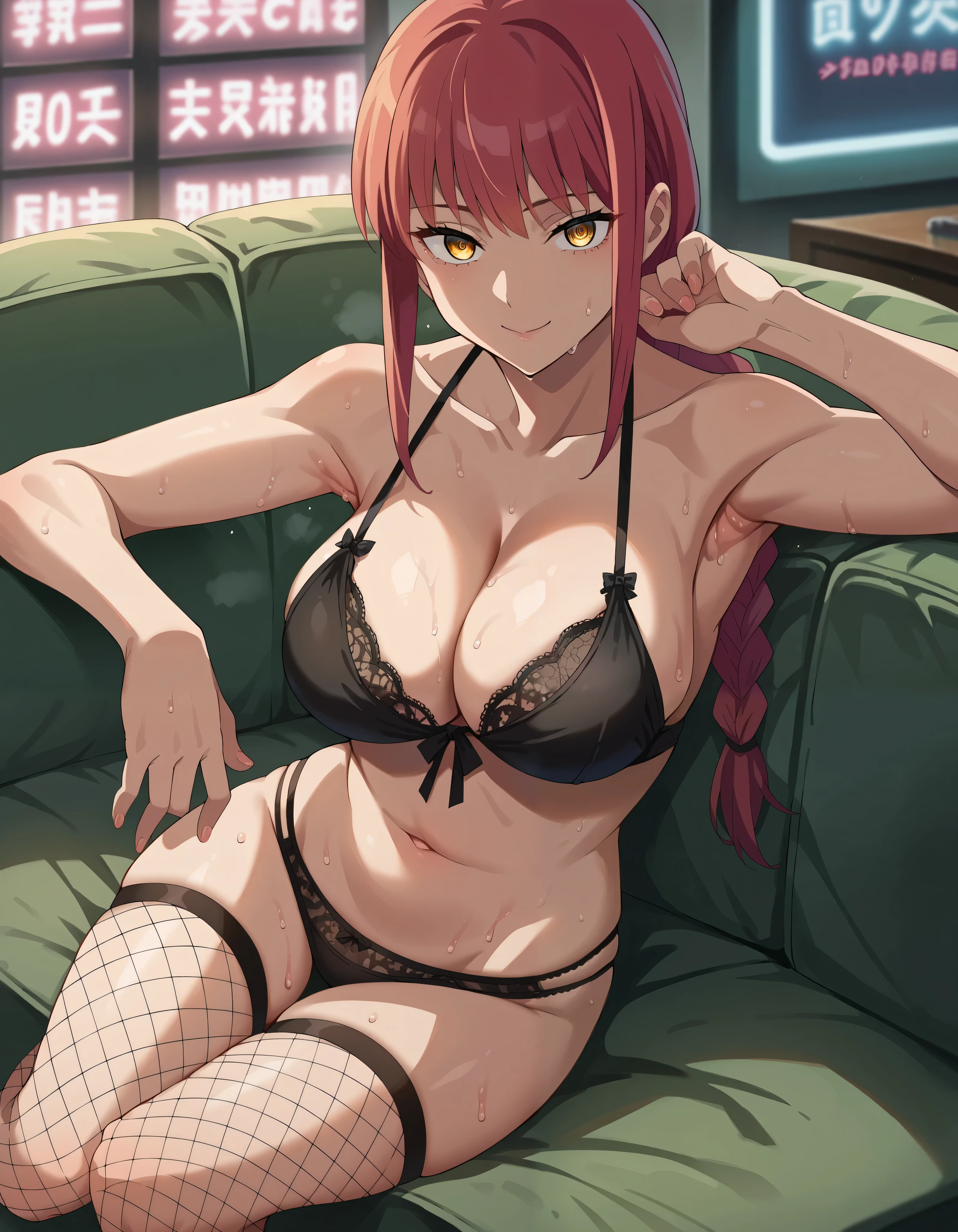 score_9, score_8_up, score_7_up, source_anime,
makima, makima, long hair, smile, bangs, yellow eyes, braid, red hair, braided ponytail, ringed eyes, CLEAVAGE, larger breasts, CLEAVAGE, , looking at viewer, briefs, SOFT SMILE, lying on a modern leather couch, wearing ultra-mini skirt and fishnet stockings. Neon lights in shades of pink and blue illuminate the room, reflecting off the glossy fabric and adding an edgy, futuristic touch, CLEAVAGE, BLACK LACE LINGERIE, ARMPITS, BLACK LACE BIKINI, sweat, sweaty, sweat:1.3, full body, HOLDING BREASTS, LARGE BREASTS