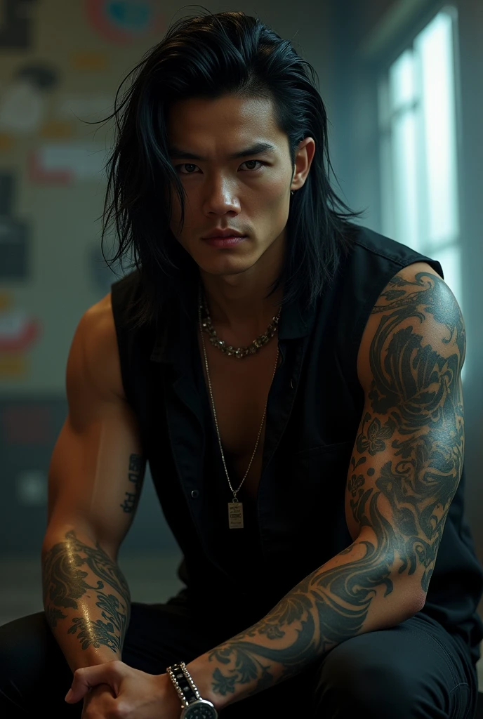A photo of extremely handsome young men, 15 years old, muscular, tattooed, wearing necklaces, long hair, gangster style, romantic, Hong Kong cinema, street scene. Eyes are filled with sadness and desire to rise. Violent background, smoke and fire. Cinematic lighting, high detail, 8K, artstation, conceptual art, dark fantasy. Photo taken with Canon EOS R5 85mm f/11 camera, ((sharp)) mode of people and surroundings. Image quality ((8K)), ((realistic)), ((masterpiece)), ((sharpest and highest contrast)), ((excellent depth of field)), ((stereoscopic lighting)), ((angry, ferocious )), detailed pores, ((Direct light on the face)), bright sunlight. (((Wearing a sword on his back))), (((holding a sword on his hand)))