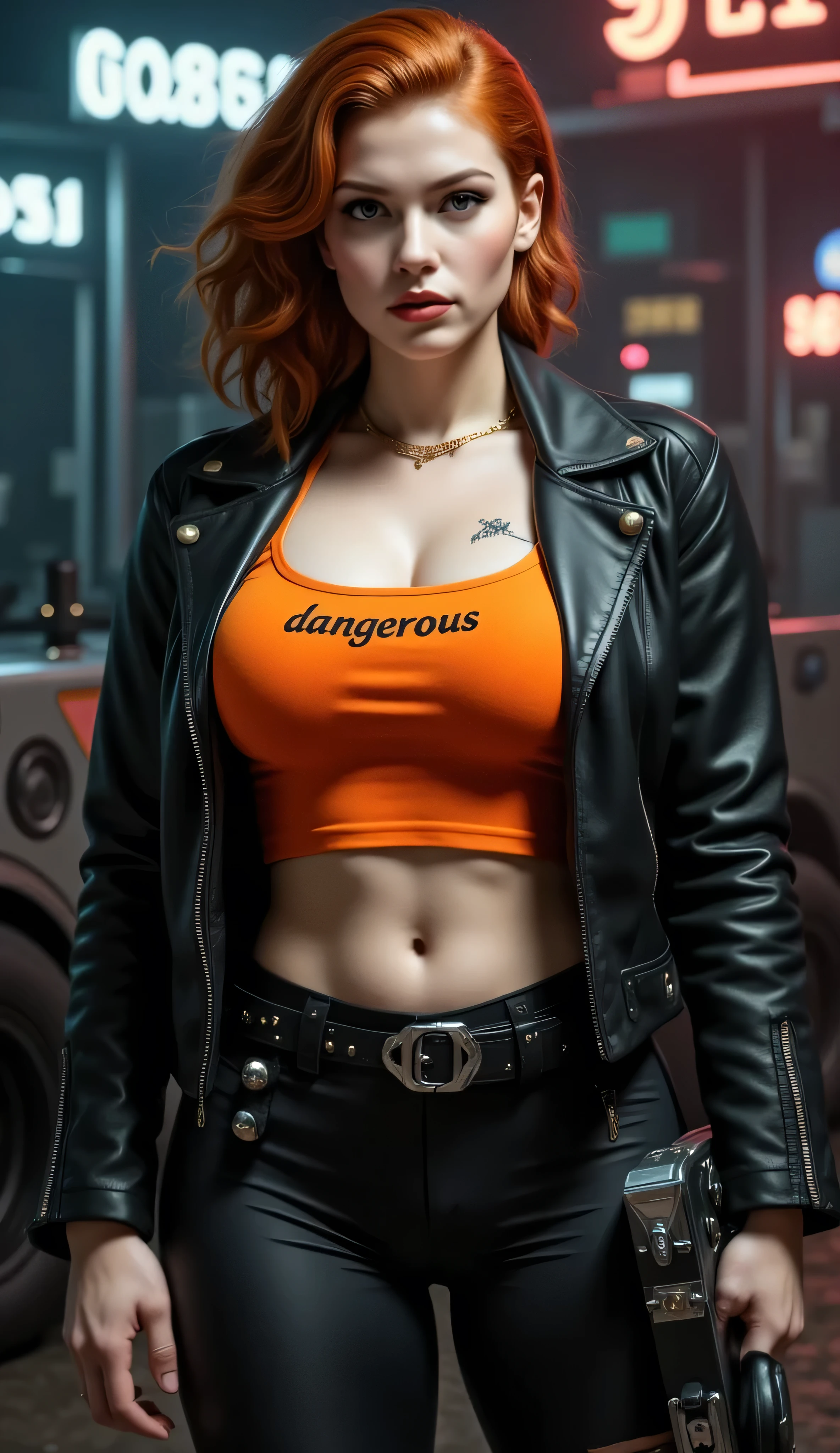 ((best quality, masterpiece, score_9, score_8_up, realistic photograph, life-like realism, hourglass figure, fluxbodybuilder, Real-Faceji)), beautiful 19 year old Russian girl, sultry female, (((((ginger undercut hairstyle))))), light brown highlights, windy, pale skin, (photo of a hardened female criminal, black leather jacket, unzipped, bright orange t-shirt, black spandex torn capri pants, black belt with chrome rivets and a spiked buckle, gold chain collar, abdominal muscles, oversized breasts, narrow hips, head tilted, (((((European girl, bright red lips, blackout eyeshadow goth)))))), arrogant, concentrating, she is holding a futuristic security case handcuffed to her wrist, she has the word "DANGEROUS" tattooed in black on her left breast, knobs, buttons, and sliders, standing next to a futuristic vehicle, steampunk cybernetic armored weaponized military matteblack van, futuristic neon cyperpunk signs, steampunk neon, smug look of superiority, night, dark, dim lighting, overexposed
