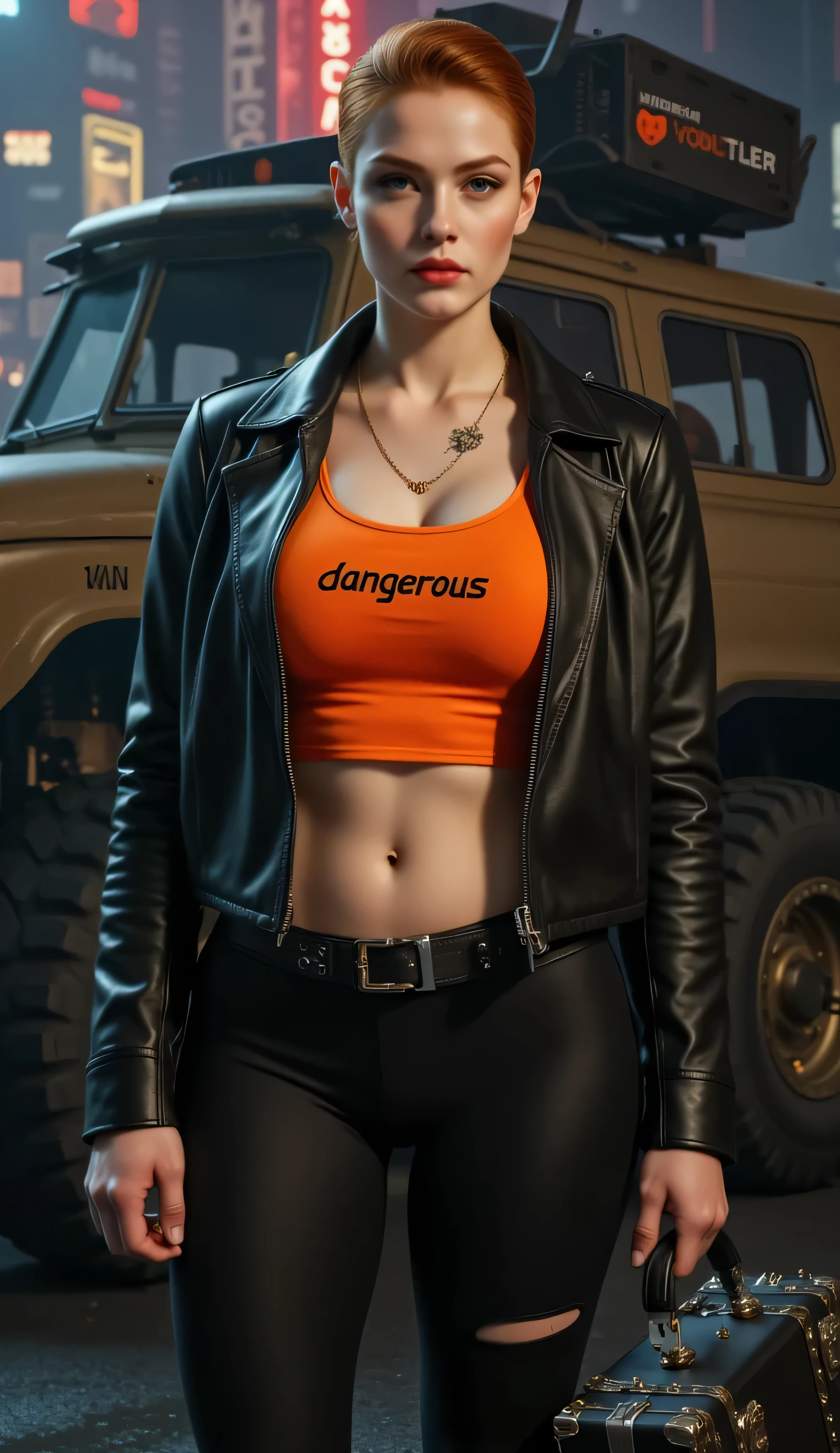 ((best quality, masterpiece, score_9, score_8_up, realistic photograph, life-like realism, hourglass figure, fluxbodybuilder, Real-Faceji)), beautiful 19 year old Russian girl, sultry female, (((((ginger undercut hairstyle))))), light brown highlights, windy, pale skin, (photo of a hardened female criminal, black leather jacket, unzipped, bright orange t-shirt, black spandex torn capri pants, black belt with chrome rivets and a spiked buckle, gold chain collar, abdominal muscles, oversized breasts, narrow hips, head tilted, (((((European girl, bright red lips, blackout eyeshadow goth)))))), arrogant, concentrating, she is holding a futuristic security case handcuffed to her wrist, she has the word "DANGEROUS" tattooed in black on her left breast, knobs, buttons, and sliders, standing next to a futuristic vehicle, steampunk cybernetic armored weaponized military matteblack van, futuristic neon cyperpunk signs, steampunk neon, smug look of superiority, night, dark, dim lighting, overexposed