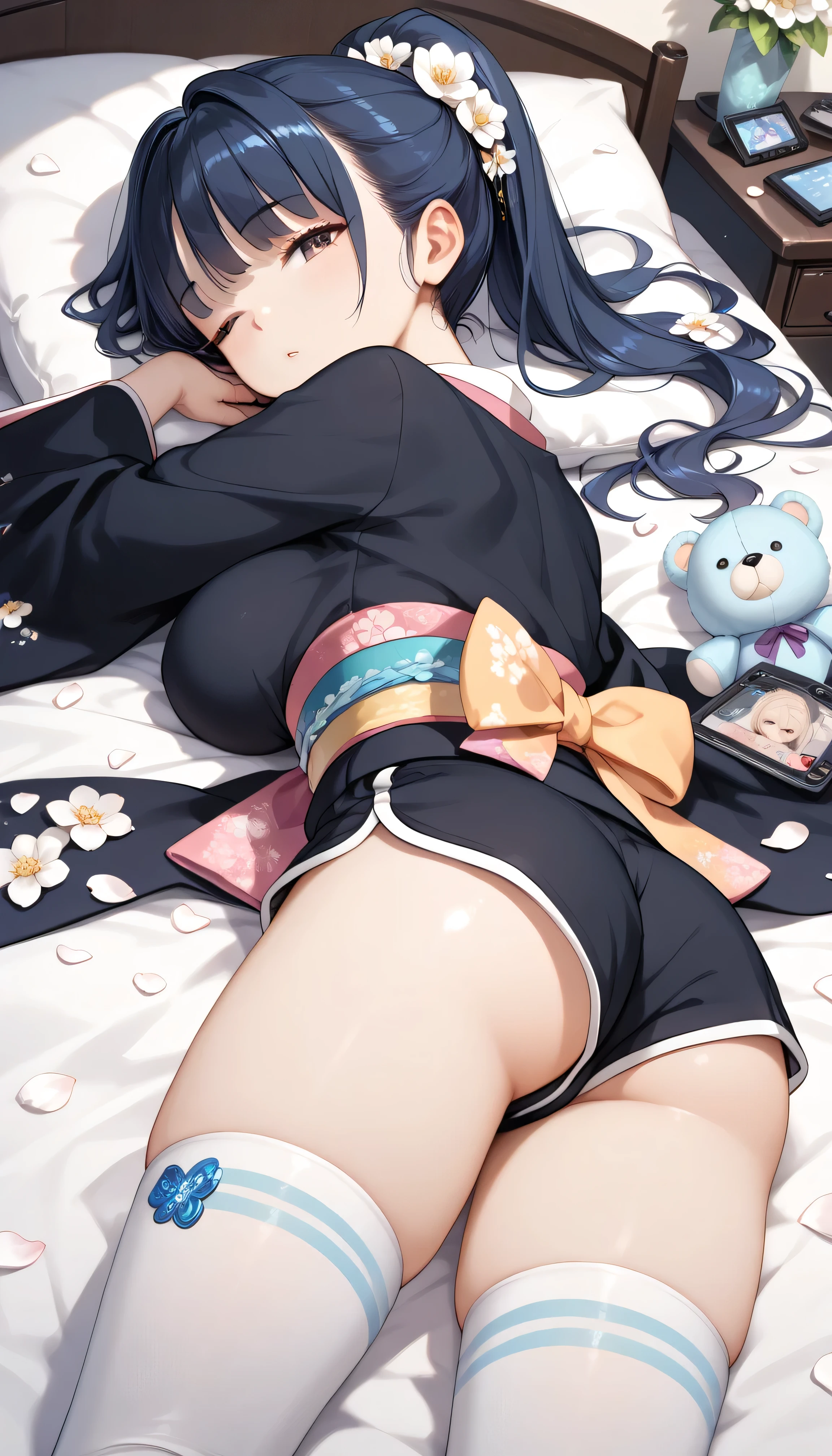 masterpiece, best quality, highly dramatic picture, beautiful eyes, cinematic lens effect, big beautifully shaped breasts , ultra cute, ultra sexy, ultra curvy, ultra bouncy, Dutch angle, horny , pervert, ((Supermodel)), ((Busty Bitches)), 1girl , ecchi, anime, cutesy, (sexy photoshoot), bedroom, sleeping, lying on bed, blue ponytail, black top , (nicely accentuated ass), stuffed animals, night warm light, kimono shorts , thigh highs, white flower pedals