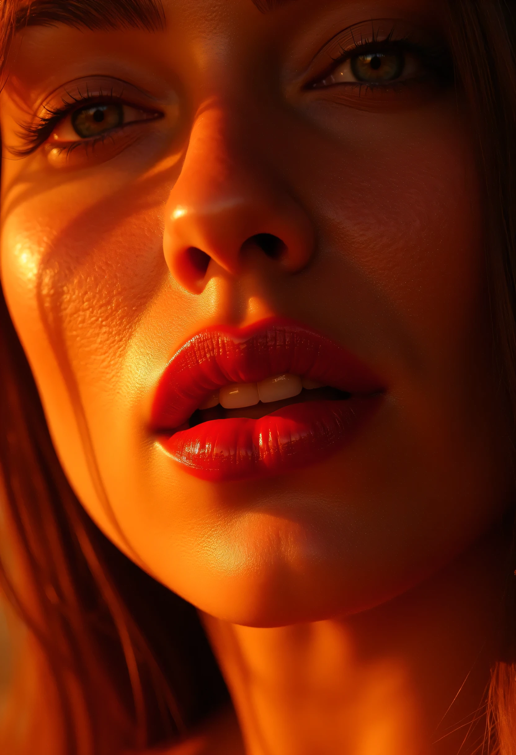 Skin texture style, photo realism closeup female glossred lips, bright natural sunset lighting highlights, it's a closeup of the lips, a single clear teardrop slides down her cheek