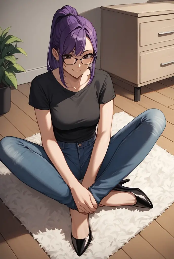 score_9, score_8_up, score_7_up, score_6_up, score_5_up, score_4_up, source_anime, 1girl, sit, smile, glasses, purple hair, ponytail, black eyes, clean hair, black shirt, jeans, black high heels, platforms, room, floor, carpet, best quality, best res, 4K UHD,
 