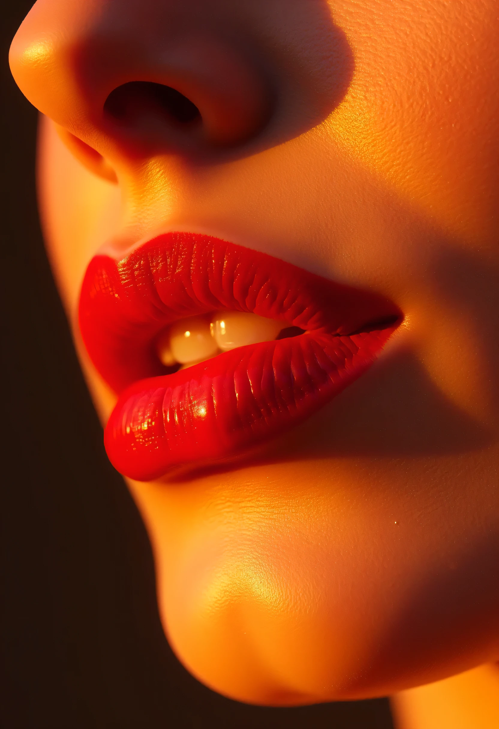 Skin texture style, photo realism closeup female glossred lips, bright natural sunset lighting highlights, it's a closeup of the lips, a single clear teardrop slides down her cheek