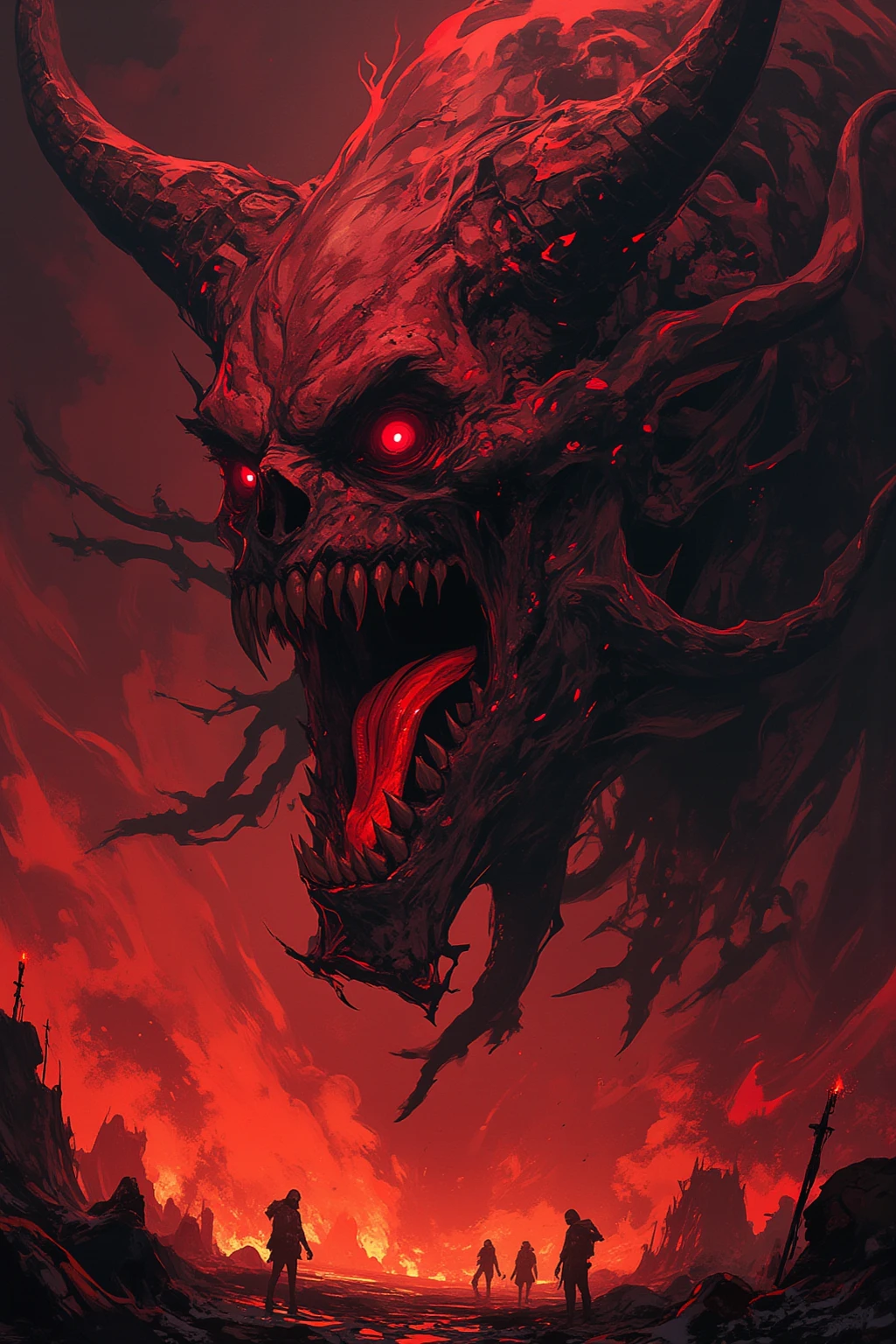 Demons storm the city, A demonic army rushes through the streets, Flames swirl around, The roofs of houses are on fire, Dead and burned bodies in the streets, Demons desecrate the temple