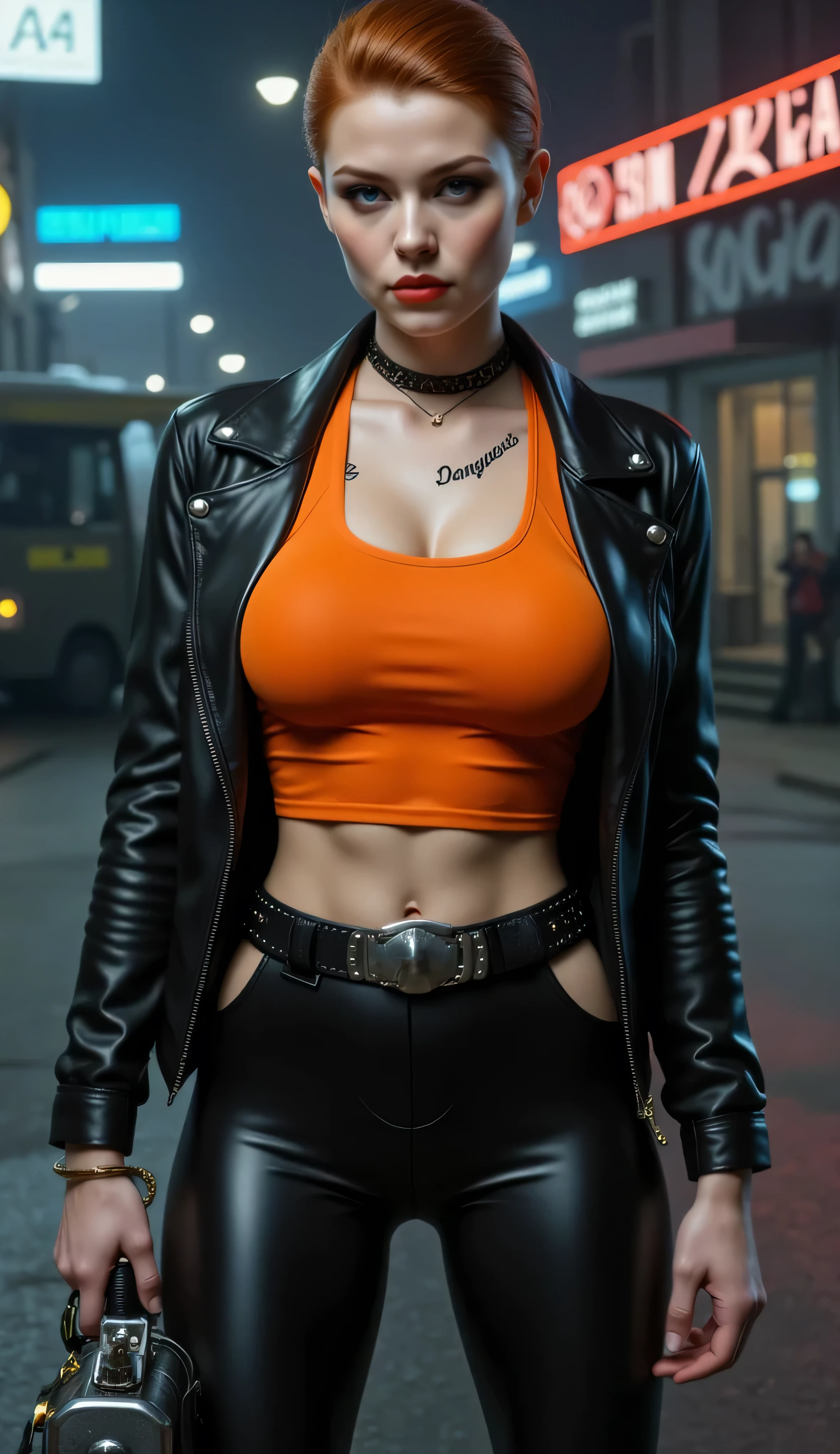 ((best quality, masterpiece, score_9, score_8_up, realistic photograph, life-like realism, hourglass figure, fluxbodybuilder, Real-Faceji)), beautiful 19 year old Russian girl, sultry female, (((((ginger undercut hairstyle, shaved stubble on the side of her head))))), light brown highlights, windy, pale skin, (photo of a hardened female criminal, black leather jacket, unzipped, bright orange t-shirt, black spandex torn capri pants, black belt with chrome rivets and a spiked buckle, gold chain collar, abdominal muscles, oversized breasts, narrow hips, head tilted, (((((European girl, bright red lips, blackout eyeshadow goth)))))), arrogant, concentrating, she is holding a futuristic security case handcuffed to her wrist, she has the word "DANGEROUS" tattooed in black on her left breast, knobs, buttons, and sliders, standing next to a futuristic vehicle, steampunk cybernetic armored weaponized military matteblack van, futuristic neon cyperpunk signs, steampunk neon, smug look of superiority, night, dark, dim lighting, overexposed