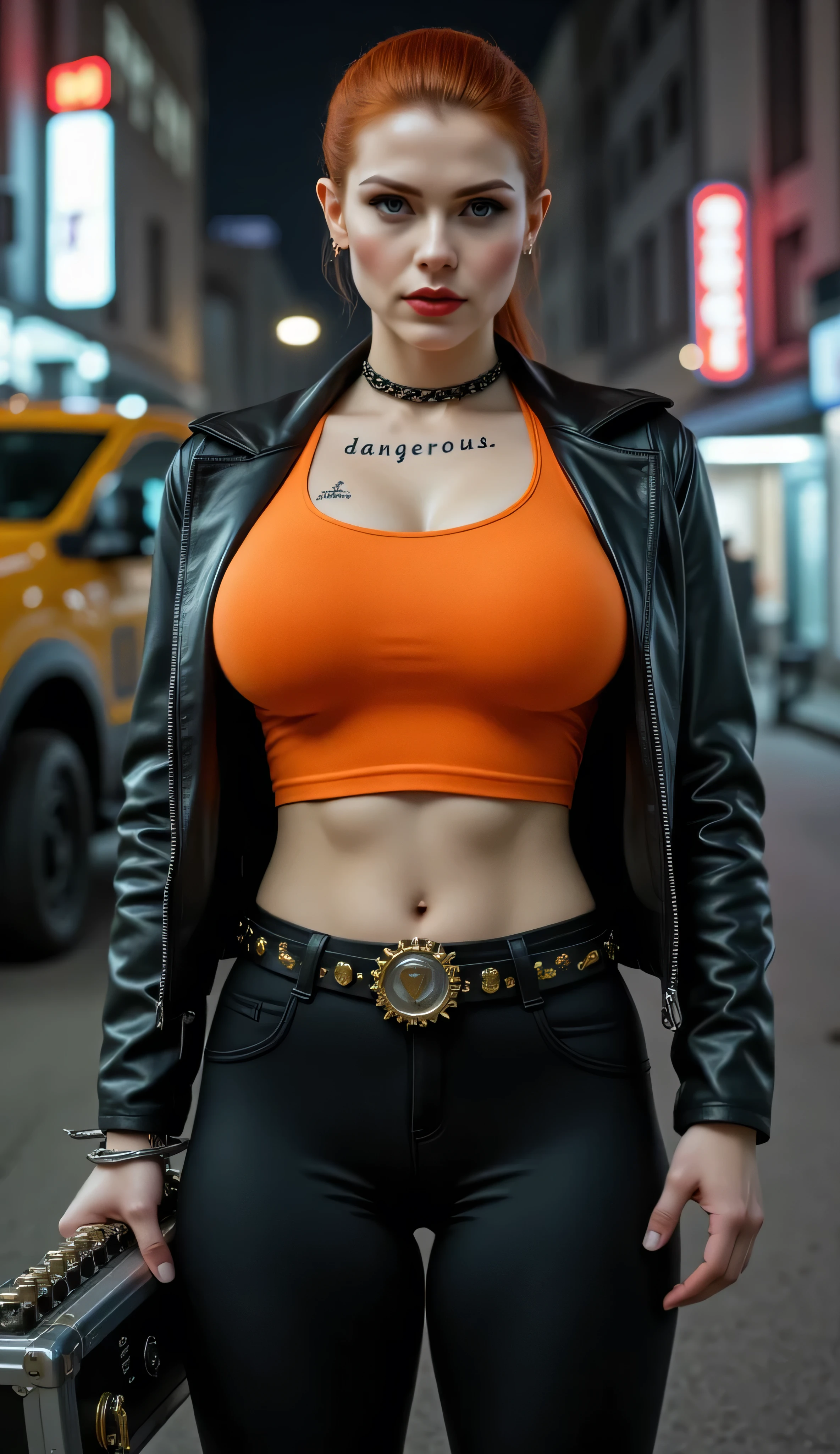 ((best quality, masterpiece, score_9, score_8_up, realistic photograph, life-like realism, hourglass figure, fluxbodybuilder, Real-Faceji)), beautiful 19 year old Russian girl, sultry female, (((((ginger undercut hairstyle, shaved stubble on the side of her head))))), light brown highlights, windy, pale skin, (photo of a hardened female criminal, black leather jacket, unzipped, bright orange t-shirt, black spandex torn capri pants, black belt with chrome rivets and a spiked buckle, gold chain collar, abdominal muscles, oversized breasts, narrow hips, head tilted, (((((European girl, bright red lips, blackout eyeshadow goth)))))), arrogant, concentrating, she is holding a futuristic security case handcuffed to her wrist, she has the word "DANGEROUS" tattooed in black on her left breast, knobs, buttons, and sliders, standing next to a futuristic vehicle, steampunk cybernetic armored weaponized military matteblack van, futuristic neon cyperpunk signs, steampunk neon, smug look of superiority, night, dark, dim lighting, overexposed
