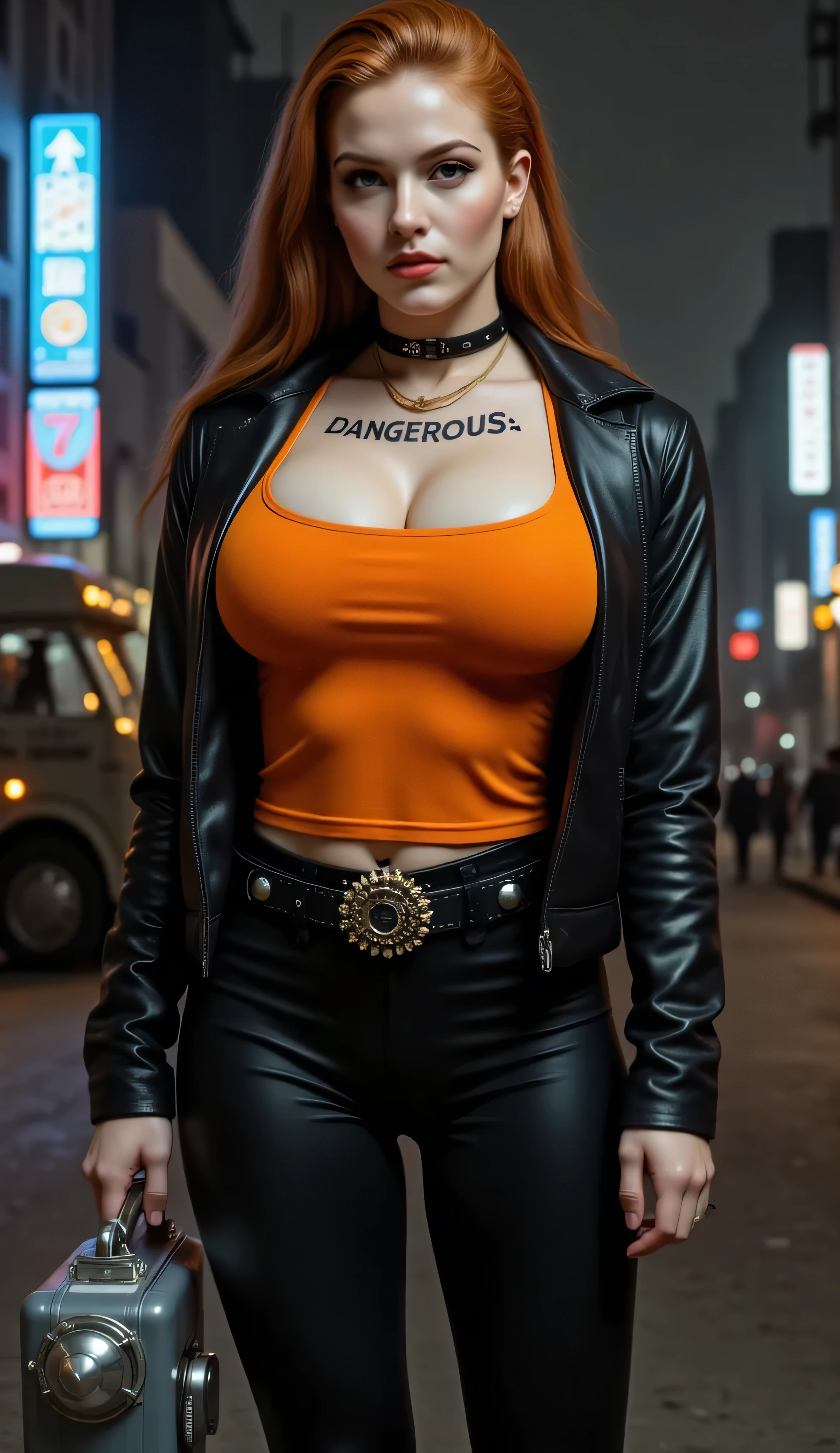 ((best quality, masterpiece, score_9, score_8_up, realistic photograph, life-like realism, hourglass figure, fluxbodybuilder, Real-Faceji)), beautiful 19 year old Russian girl, sultry female, (((((ginger undercut hairstyle, shaved stubble on the side of her head))))), light brown highlights, windy, pale skin, (photo of a hardened female criminal, black leather jacket, unzipped, bright orange t-shirt, black spandex torn capri pants, black belt with chrome rivets and a spiked buckle, gold chain collar, abdominal muscles, oversized breasts, narrow hips, head tilted, (((((European girl, bright red lips, blackout eyeshadow goth)))))), arrogant, concentrating, she is holding a futuristic security case handcuffed to her wrist, she has the word "DANGEROUS" tattooed in black on her left breast, knobs, buttons, and sliders, standing next to a futuristic vehicle, steampunk cybernetic armored weaponized military matteblack van, futuristic neon cyperpunk signs, steampunk neon, smug look of superiority, night, dark, dim lighting, overexposed
