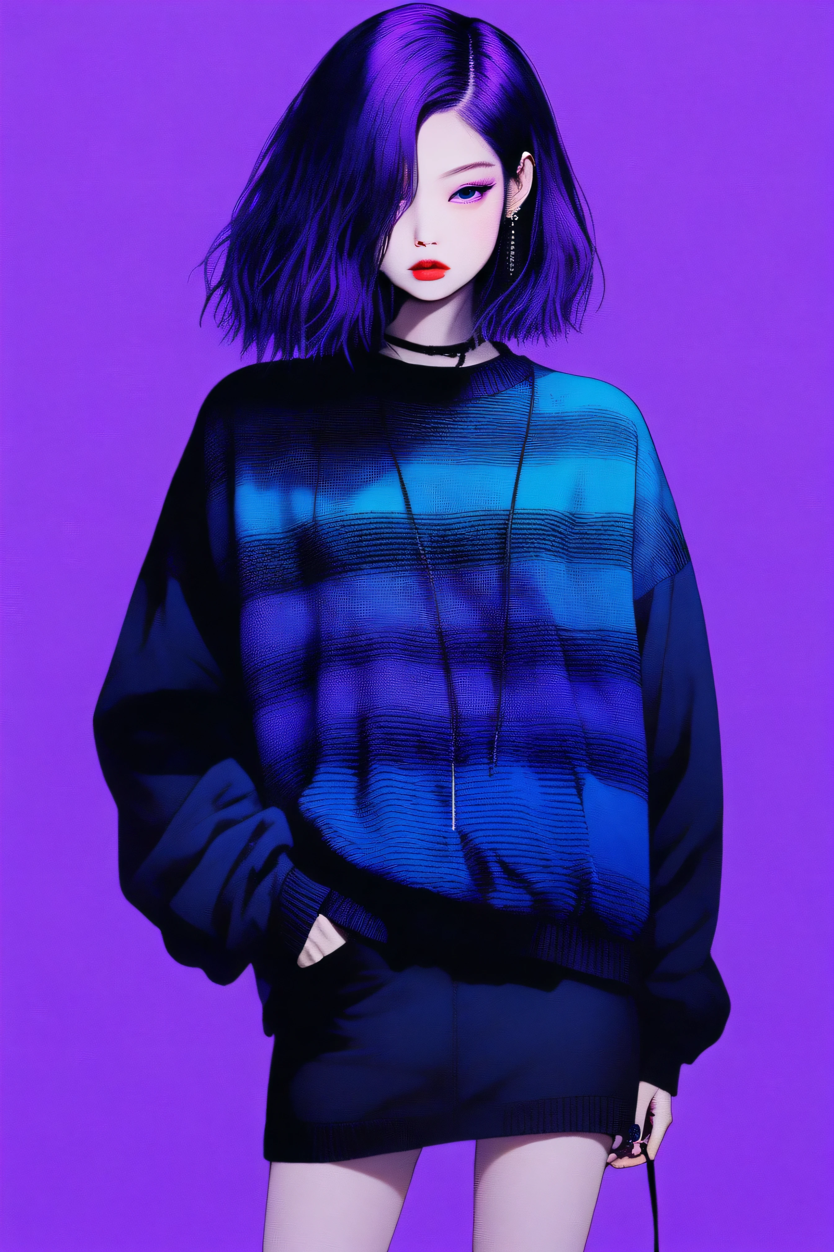 (best quality, sketch:1.2),realistic,illustrator,anime,1 girl, detailed lips,sweater,custom,blue gradient background,neon hair,textured cropping,Canadian, masterpiece, style retro classic, noir dark, full body art, sketch book, (bob hair purple:1.35, black:1.55) jennie kim,