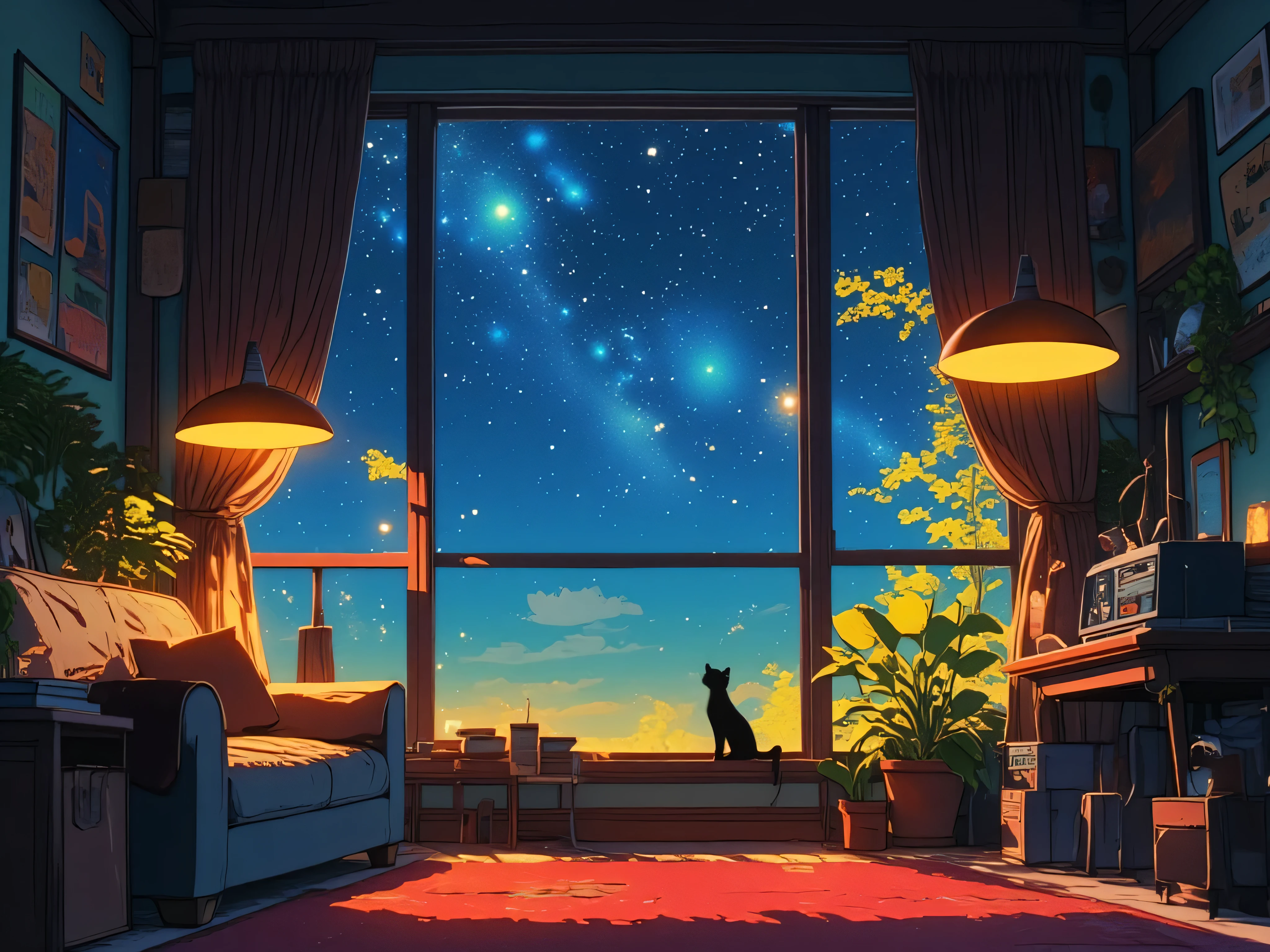 create a genuine 80s and 90s retro style image with thin, clear lines, and a long vintage lampshade, inside a living room consisting of a sofa and a red carpet, next to a large window with long curtains, through the window a starry sky with yellow light, inspired by anime, chibi, studio ghibli, with a black cat observing the immensity of the universe through the large window, 8K starry sky.