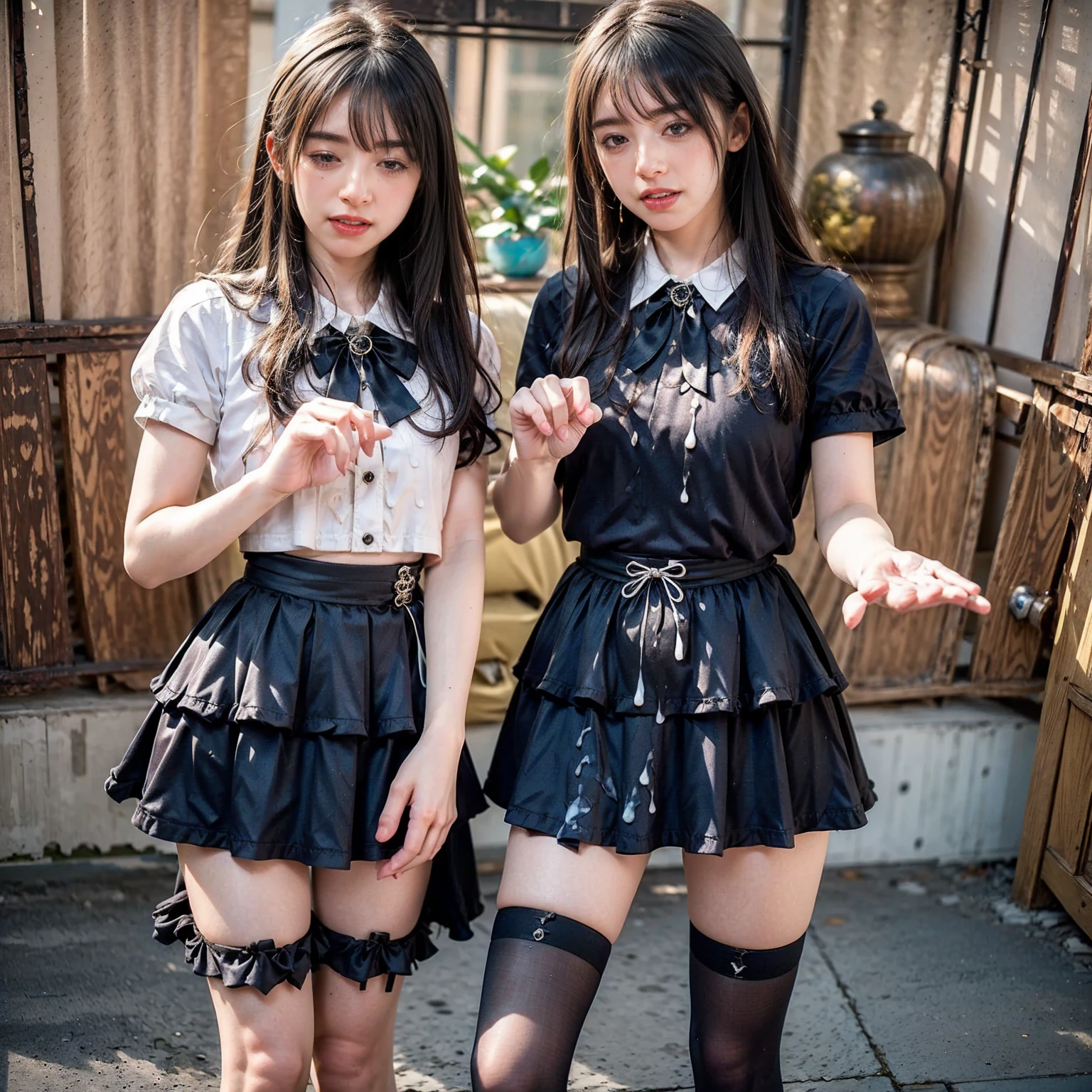 a black skirt, neck tie, Tank tops suspenders, Long Black Hair, Gray eyes, holster, Garter belt on the legs, Moderately breasts, hands above your head, Big breasts, Pichi Pichi clothes, both sides