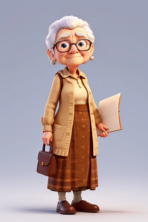 An old woman , short, brunette skin, brown dark eyes , with a pink blouse, blue pants with a cane.