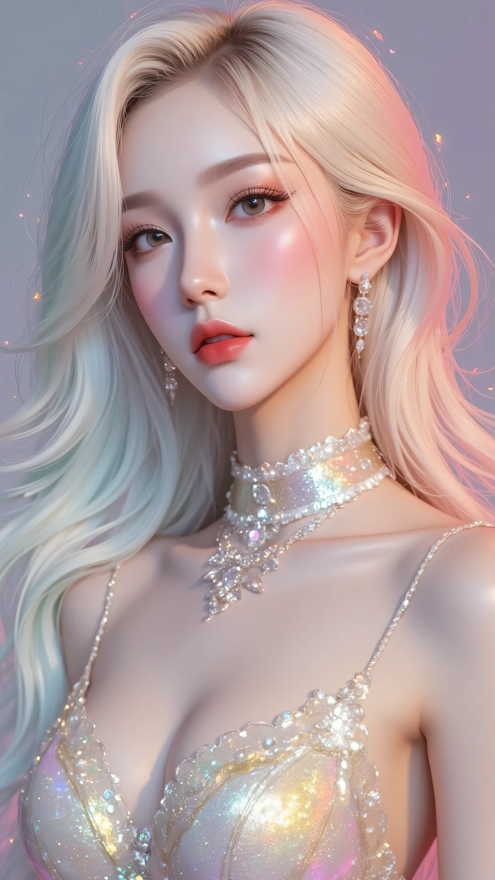 80’s glam rock makeup on shiny face, asian girl, anime, 2.5D, moody lighting, (green, pink, gold), pretty, sexy, minimal, sleek, slender, asian, elegant, futuristic, retro, sophisticated half human half machine, Kizi,(eyes looking off to side), Highly detailed, Amazing work,Vitreous luster, blues, yellows, Best quality at best,shiny skin, no background, colorful background, green background, pink background, gold, background, plunging neckline, sexy pose, dynamic pose, heavy blushing, huge breasts, colorful, color splash, neon colors, colorful background, abstract background, ethereal, glitter,