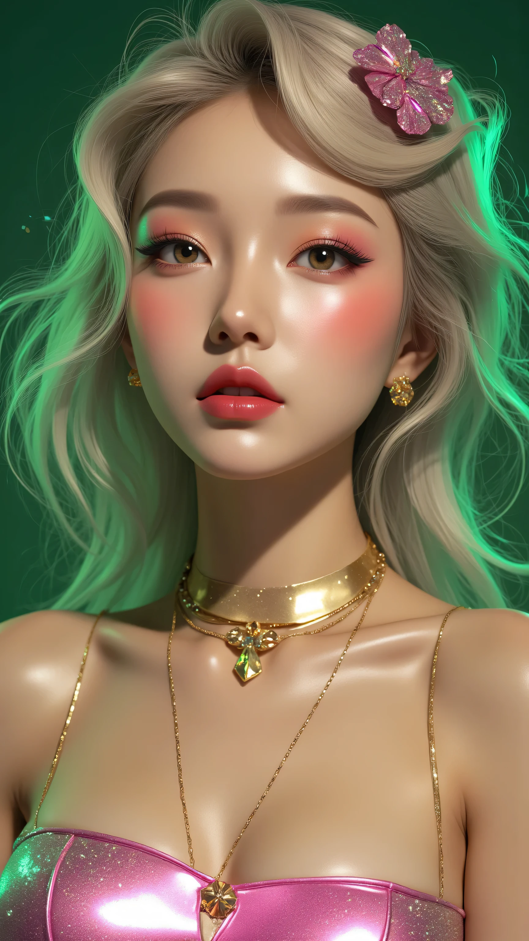 80’s glam rock makeup on shiny face, asian girl, anime, 2.5D, moody lighting, (green, pink, gold), pretty, sexy, minimal, sleek, slender, asian, elegant, futuristic, retro, sophisticated half human half machine, Kizi,(eyes looking off to side), Highly detailed, Amazing work,Vitreous luster, blues, yellows, Best quality at best,shiny skin, no background, colorful background, green background, pink background, gold, background, plunging neckline, sexy pose, dynamic pose, heavy blushing, huge breasts, colorful, color splash, neon colors, colorful background, abstract background, ethereal, glitter,