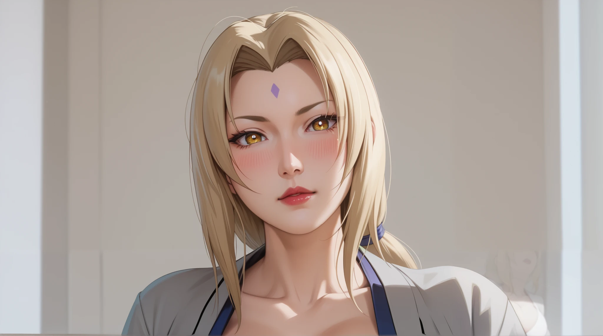score_9,score_8_up,score_7_up,high res image,masterpiece,best quality,realistic,mature female,Tsunade,t5un4d3,Light yellow long hair,blue purple mark on forehead,light yellow thin short eyebrows,bright brown pupils,light red lips,dark green jacket,long sleeves,collarbone,grey kimono,blue obi,blue pants,(hanging breasts:1.1),(huge breasts:1.2),(blush:1.3),(shyi:1.2),