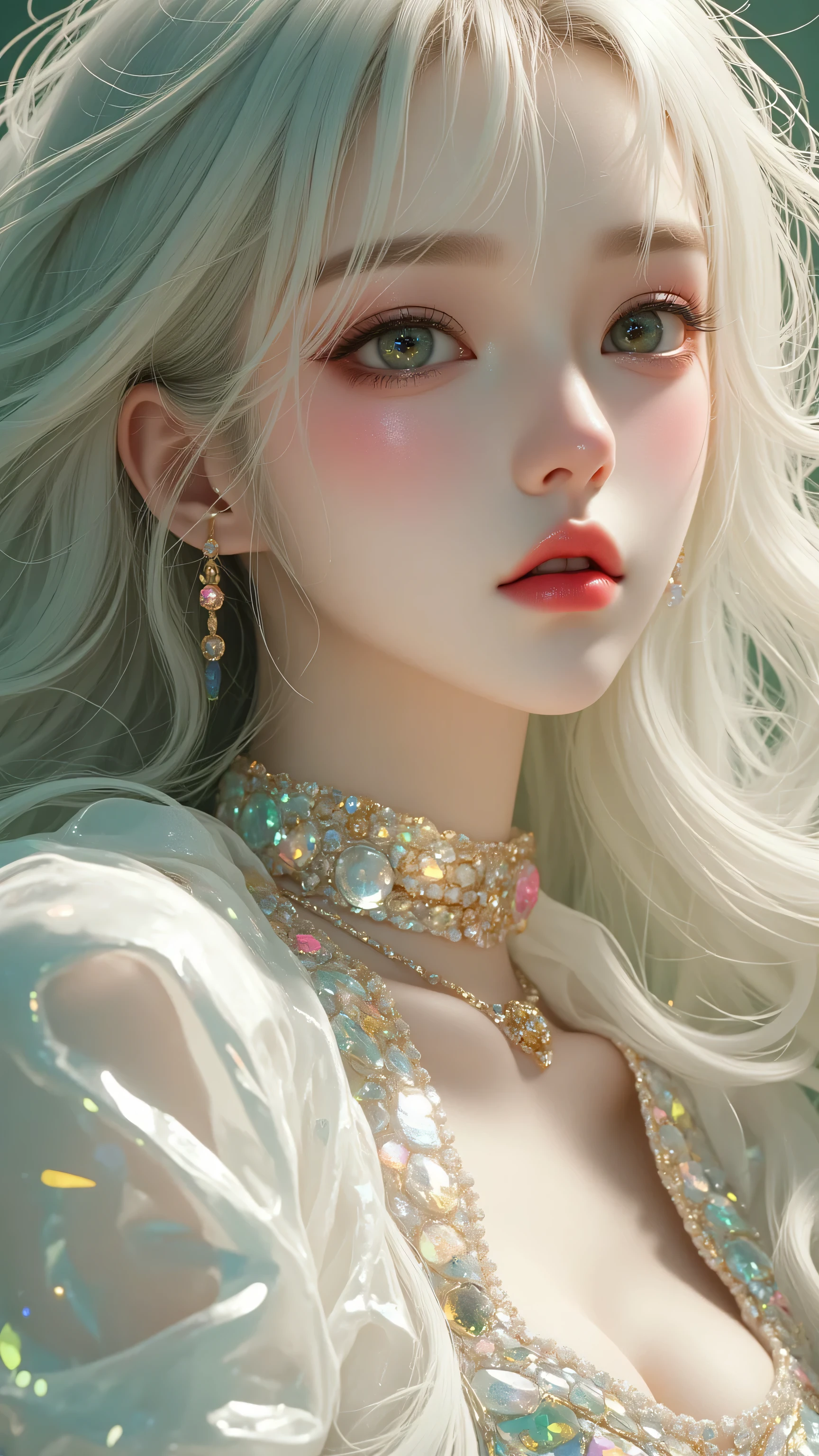 80’s glam rock makeup on shiny face, asian girl, anime, 2.5D, moody lighting, (green, pink, gold), pretty, sexy, minimal, sleek, slender, asian, elegant, futuristic, retro, sophisticated half human half machine, Kizi，(eyes looking off to side), Highly detailed, Amazing work，Vitreous luster, blues, yellows, Best quality at best，shiny skin, no background, colorful background, green background, pink background, gold, background, plunging neckline, sexy pose, dynamic pose, heavy blushing, huge breasts, colorful, color splash, neon colors, colorful background, abstract background, ethereal, glitter, 