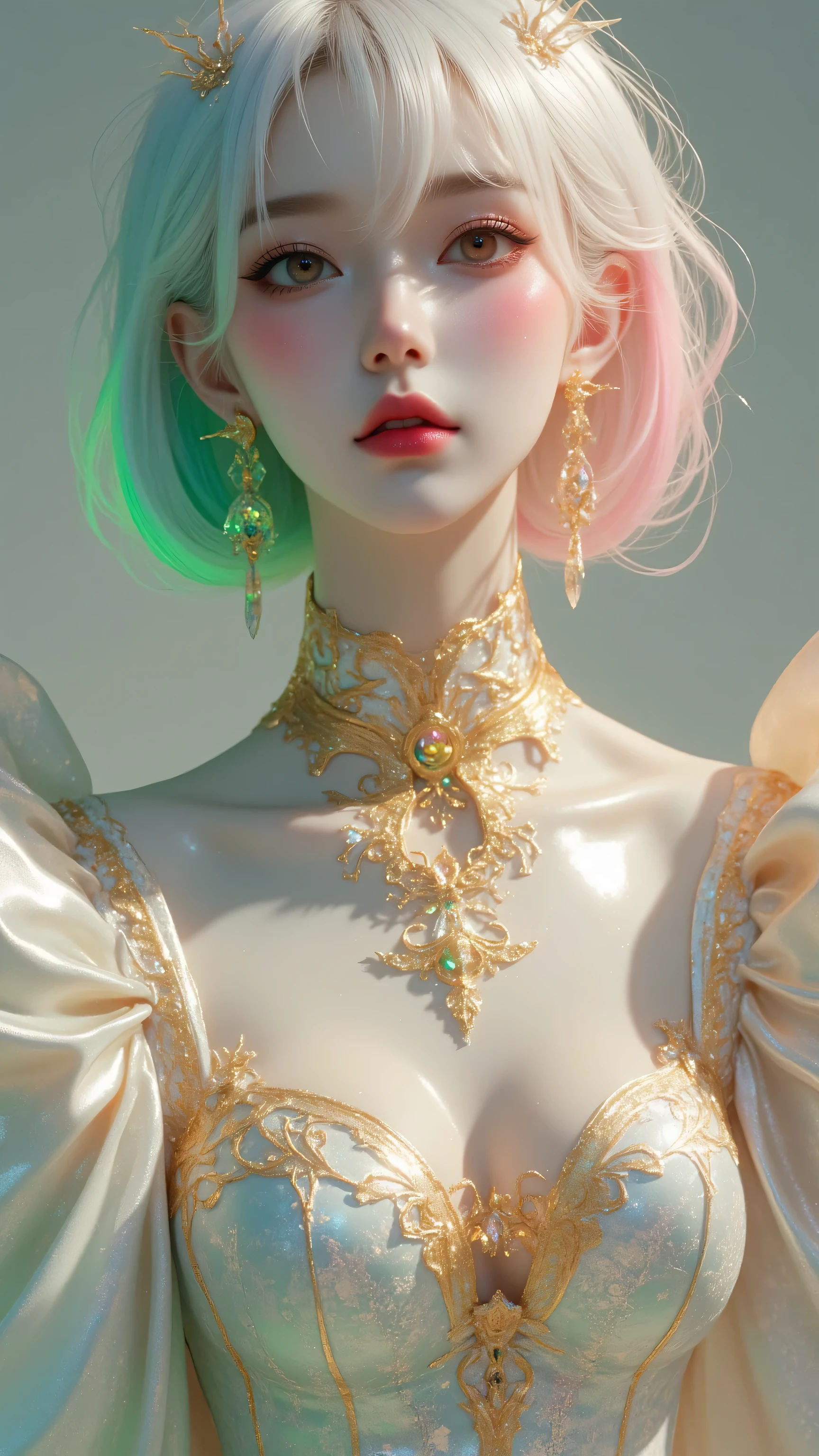 80’s glam rock makeup on shiny face, asian girl, anime, 2.5D, moody lighting, (green, pink, gold), pretty, sexy, minimal, sleek, slender, asian, elegant, futuristic, retro, sophisticated half human half machine, Kizi,(eyes looking off to side), Highly detailed, Amazing work,Vitreous luster, blues, yellows, Best quality at best,shiny skin, no background, colorful background, green background, pink background, gold, background, plunging neckline, sexy pose, dynamic pose, heavy blushing, huge breasts, colorful, color splash, neon colors, colorful background, abstract background, ethereal, glitter,
