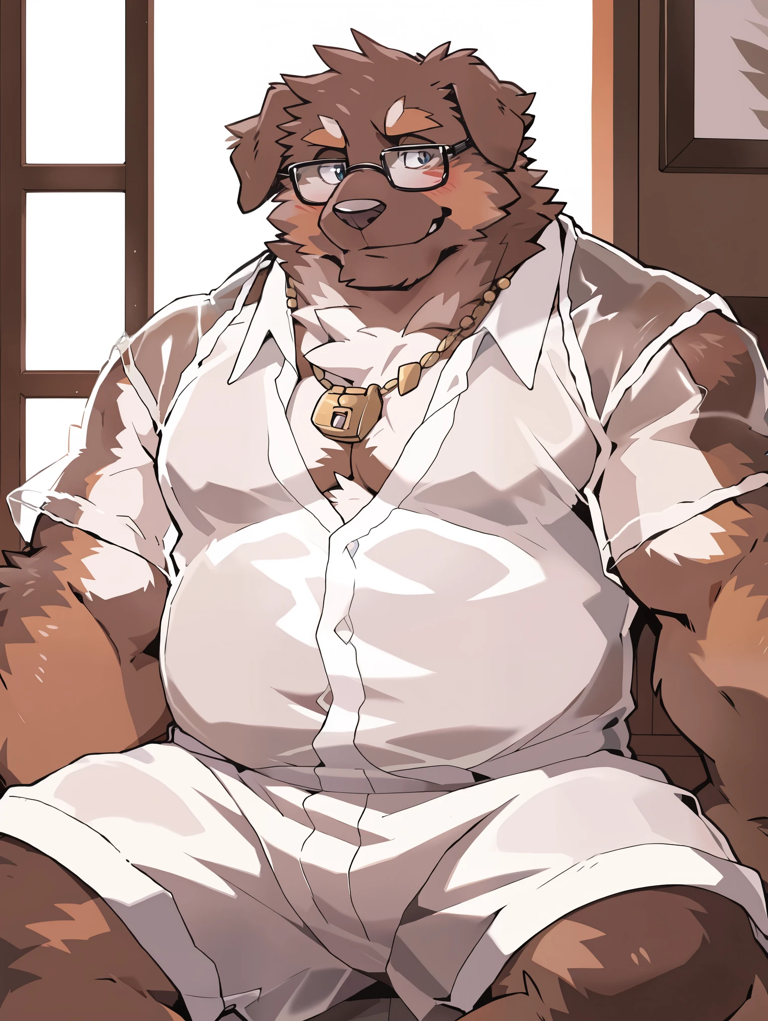  unique ,  Perfect eye details , Bernese Mountain Dog, ( artist :takemoto arashi), Mature face, Elders, (( Wear translucent clothing|Wearing white shorts:1.5)),  Unlock all the buttons , Wearing gold-rimmed glasses, Wear a animal tooth necklace , ((Chubby)), full-face blush, Introversion, Homebody,  cute character ,  cozy atmosphere , shy, light smile, barefoot, Bird's-eye view, perspective, out of frame, high quality