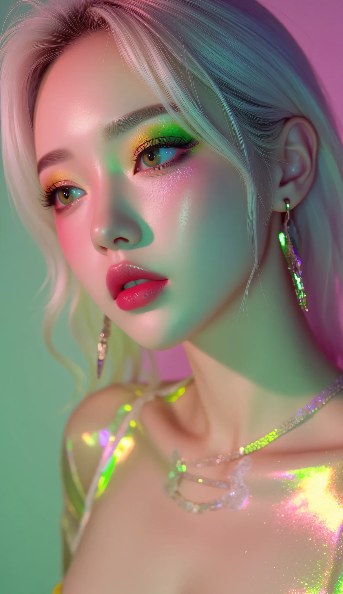 80’s glam rock makeup on shiny face, asian girl, anime, 2.5D, moody lighting, (green, pink, gold), pretty, sexy, minimal, sleek, slender, asian, elegant, futuristic, retro, sophisticated half human half machine, Kizi,(eyes looking off to side), Highly detailed, Amazing work,Vitreous luster, blues, yellows, Best quality at best,shiny skin, no background, colorful background, green background, pink background, gold, background, plunging neckline, sexy pose, dynamic pose, heavy blushing, huge breasts, colorful, color splash, neon colors, colorful background, abstract background, ethereal, glitter,