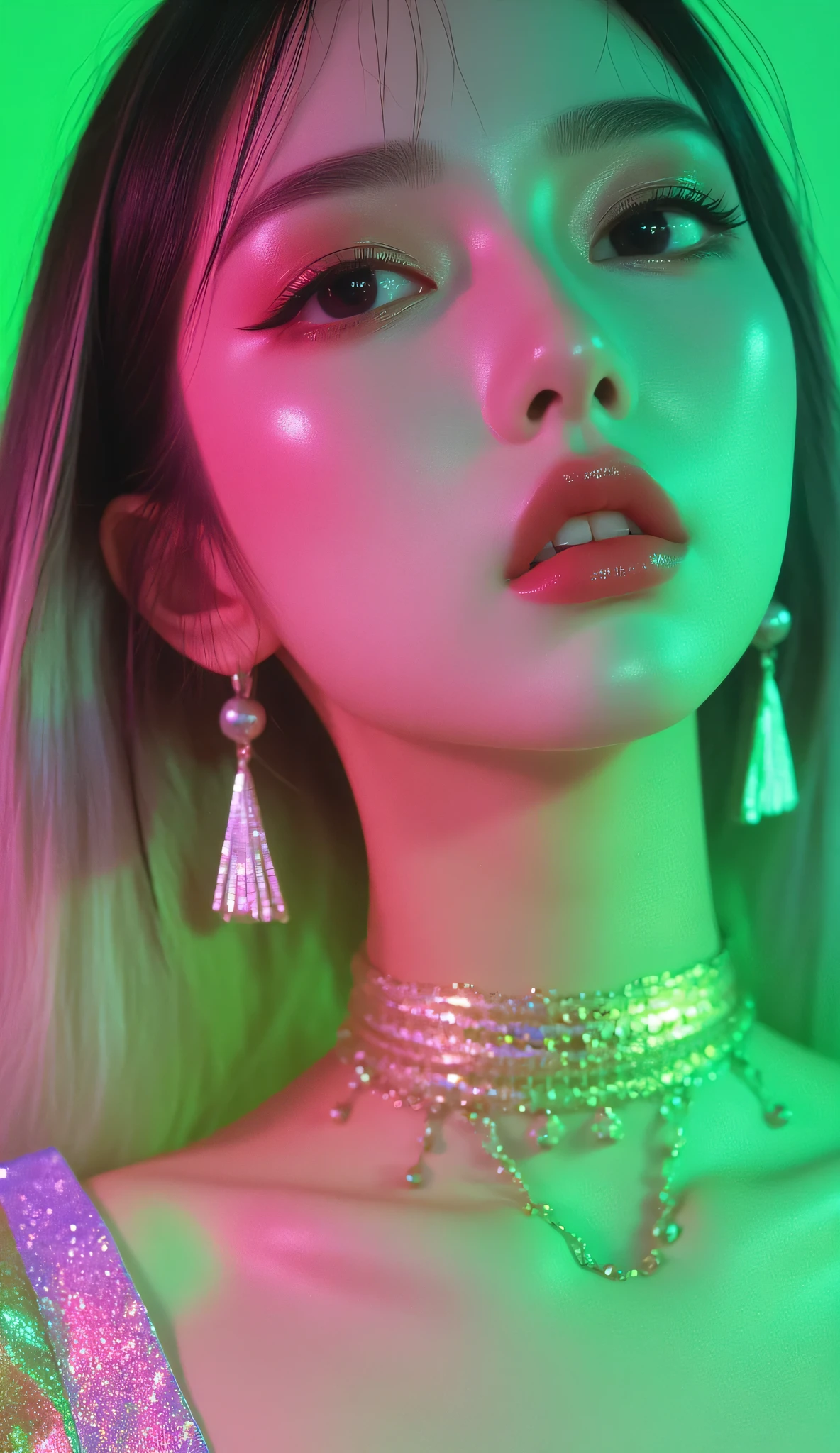 80’s glam rock makeup on shiny face, asian girl, anime, 2.5D, moody lighting, (green, pink, gold), pretty, sexy, minimal, sleek, slender, asian, elegant, futuristic, retro, sophisticated half human half machine, Kizi,(eyes looking off to side), Highly detailed, Amazing work,Vitreous luster, blues, yellows, Best quality at best,shiny skin, no background, colorful background, green background, pink background, gold, background, plunging neckline, sexy pose, dynamic pose, heavy blushing, huge breasts, colorful, color splash, neon colors, colorful background, abstract background, ethereal, glitter,