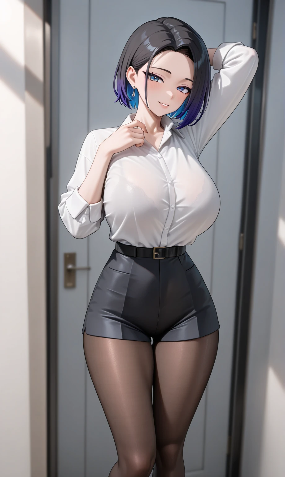 1girl,young girl, shiny skin,big breasts,nice leg line:1.3, thin waist,, thighhighs,necktie,((pencil skirt)),looking at viewer,from below,full body, ( pantyhose:1.3),(The golden ratio figure),
masterpiece, best quality, best perspective, ultra-detailed and intricate, extremely delicate and beautiful, best quality light, (ray tracing:1.1), anti-aliasing,
realistic,photorealistic,award-winning illustration,(intricate details:1.2),(delicate detailed) (intricate details),(cinematic light,best quality Backlights),clear line,sharp focus,official art,unity 8k wallpaper,absurdres,incredibly absurdres,huge filesize,ultra-detailed,highres,extremely detailed extremely delicate and beautiful,RAW photo, professional lighting,dynamic lighting,light on the face,depthoffield,solofocus,cool beauty,tall woman,black hair,short cut hair,Precisely expresses details such as face and skin texture,beautiful eye,double eyelid,delicate skin,slender body shape,alone,