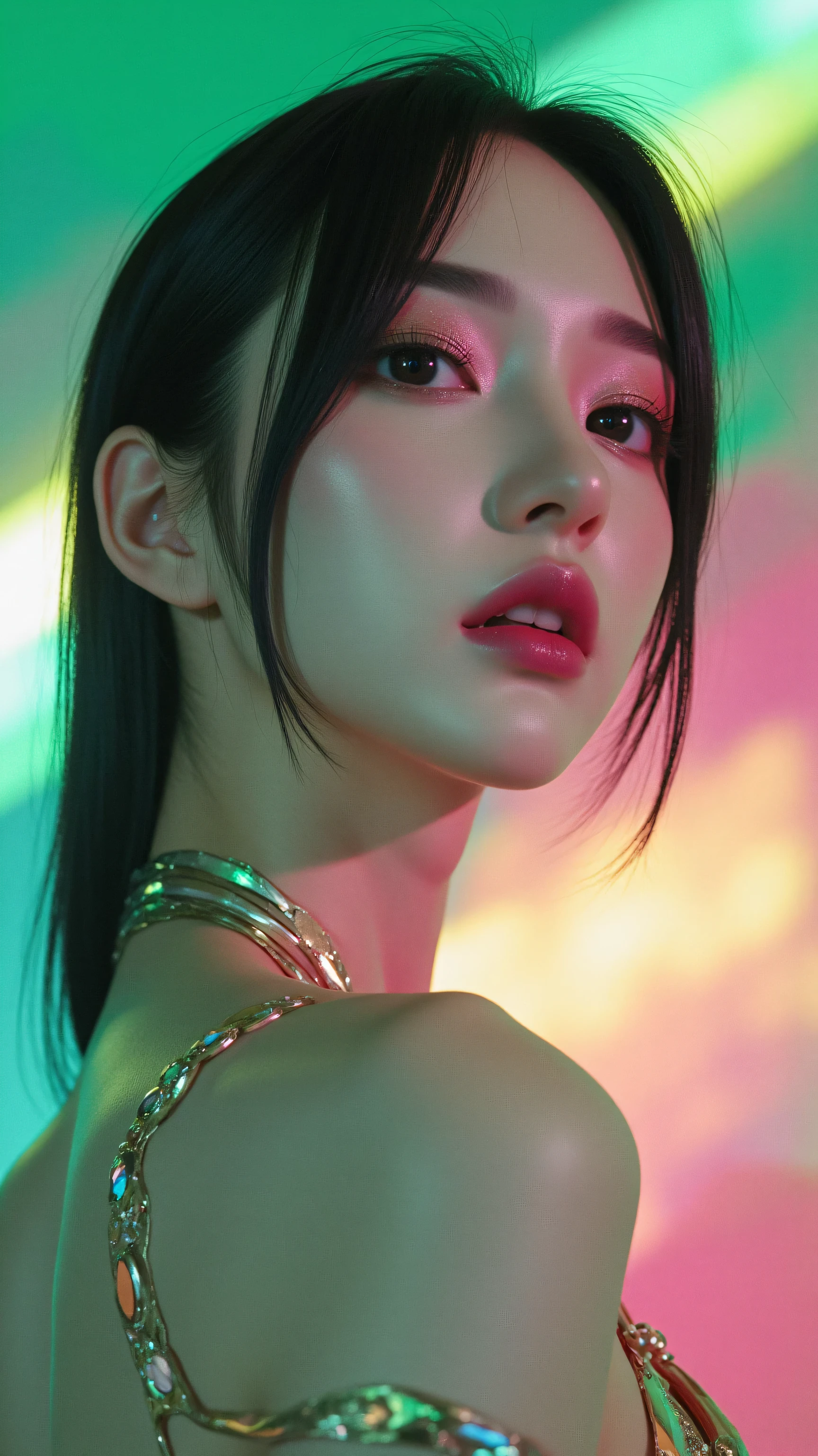 80’s glam rock makeup on shiny face, asian girl, anime, 2.5D, moody lighting, (green, pink, gold), pretty, sexy, minimal, sleek, slender, asian, elegant, futuristic, retro, sophisticated half human half machine, Kizi,(eyes looking off to side), Highly detailed, Amazing work,Vitreous luster, blues, yellows, Best quality at best,shiny skin, no background, colorful background, green background, pink background, gold, background, plunging neckline, sexy pose, dynamic pose, heavy blushing, huge breasts, colorful, color splash, neon colors, colorful background, abstract background, ethereal, glitter,