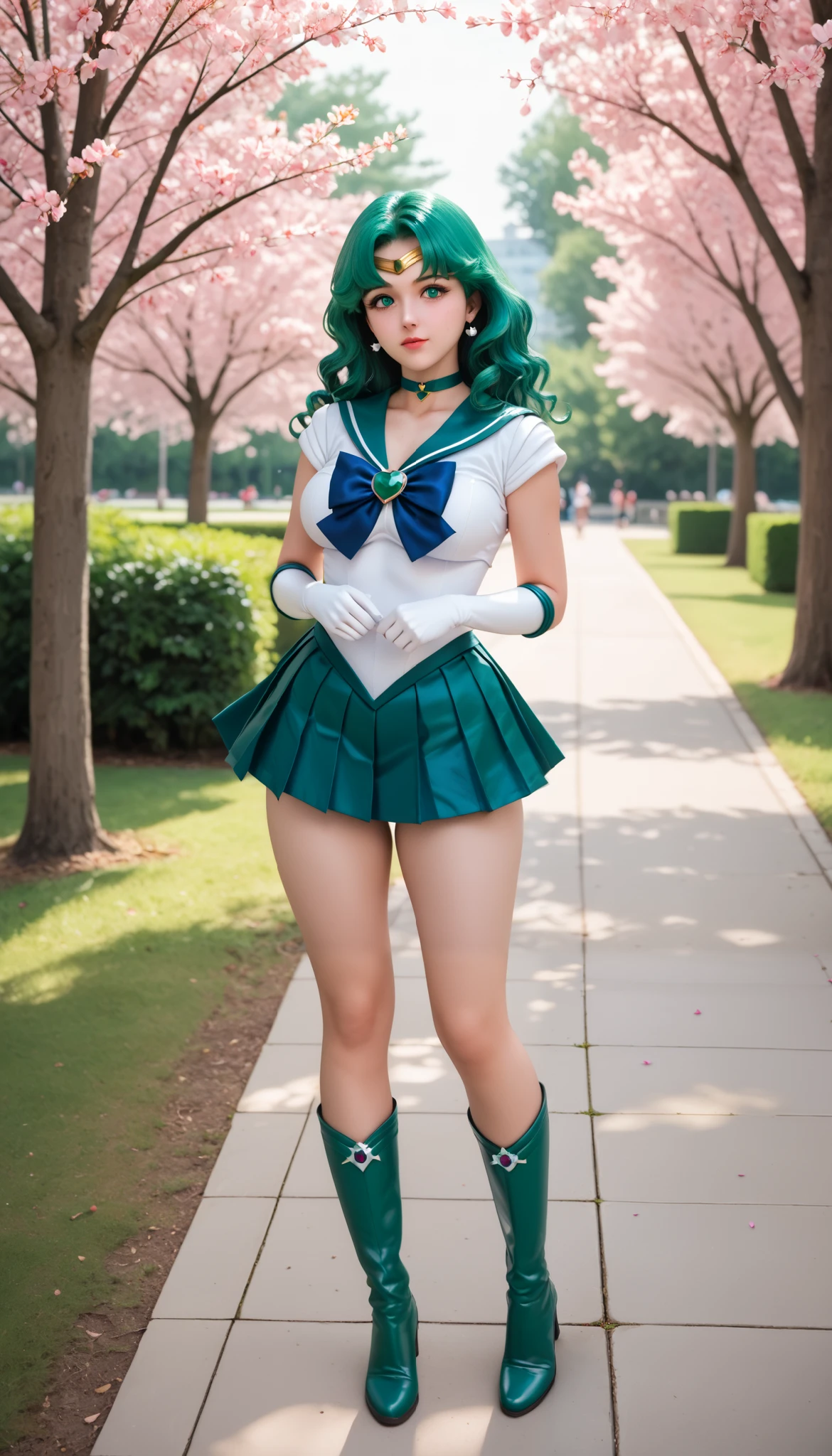 zPDXLrl, score_9, score_8_up, score_7_up, explicit rating, masterpiece, best quality, ultra HD quality details, realistic, 1girl, Sailor Neptune (セーラーネプチューン, Sērā Nepuchūn), Michiru Kaiou, big breasts, firm breasts, big buttocks and hips, big thighs, long hair, wavy hair, hair accessories, green hair, parted bangs, green eyes, ribbon, brooch, choker necklace, earrings, elbow gloves, gloves, heart brooch, green brooch, magical girl, dark blue ribbon, green choker necklace, sailor collar, green skirt, pleated skirt, green sailor collar, sailor senshi uniform, skirt, stud earrings, rok super mini, white gloves, boots, green boots, full body, long shot, in the park, park path, cherry blossom trees ((on both sides of the path)), round breasts, bright, ((green underwear)),