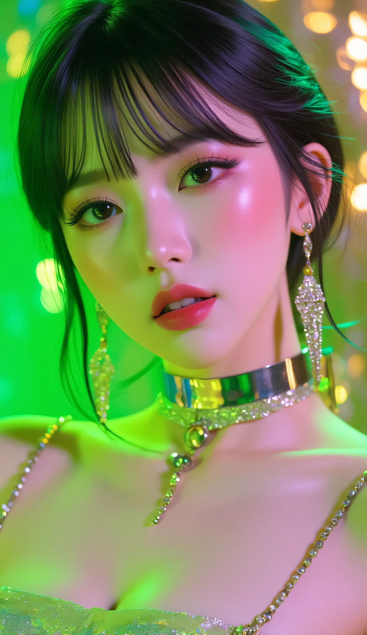 80’s glam rock makeup on shiny face, asian girl, anime, 2.5D, moody lighting, (green, pink, gold), pretty, sexy, minimal, sleek, slender, asian, elegant, futuristic, retro, sophisticated half human half machine, Kizi,(eyes looking off to side), Highly detailed, Amazing work,Vitreous luster, blues, yellows, Best quality at best,shiny skin, no background, colorful background, green background, pink background, gold, background, plunging neckline, sexy pose, dynamic pose, heavy blushing, huge breasts, colorful, color splash, neon colors, colorful background, abstract background, ethereal, glitter,