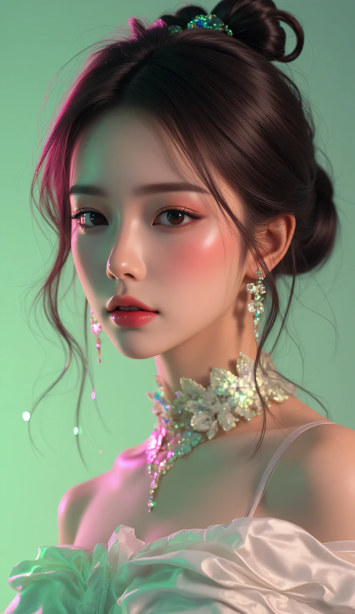 80’s glam rock makeup on shiny face, asian girl, anime, 2.5D, moody lighting, (green, pink, gold), pretty, sexy, minimal, sleek, slender, asian, elegant, futuristic, retro, sophisticated half human half machine, Kizi,(eyes looking off to side), Highly detailed, Amazing work,Vitreous luster, blues, yellows, Best quality at best,shiny skin, no background, colorful background, green background, pink background, gold, background, plunging neckline, sexy pose, dynamic pose, heavy blushing, huge breasts, colorful, color splash, neon colors, colorful background, abstract background, ethereal, glitter,