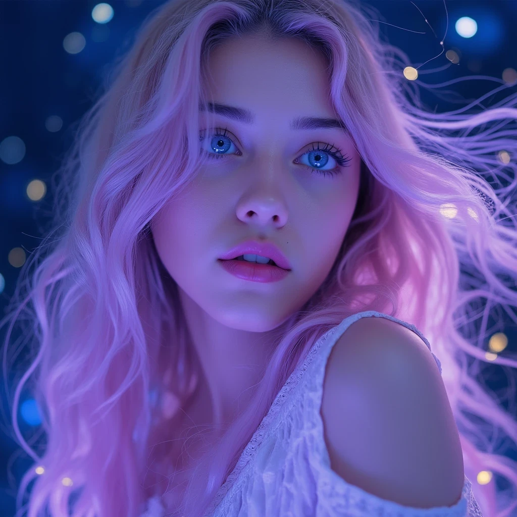 ((masterpiece,best quality)),(negative space:1.4),(1girl, solo:1.4),beautiful detailed eyes,floating pastel pink and lavender hair, lavender eyes, at night, starry sky, stars shining