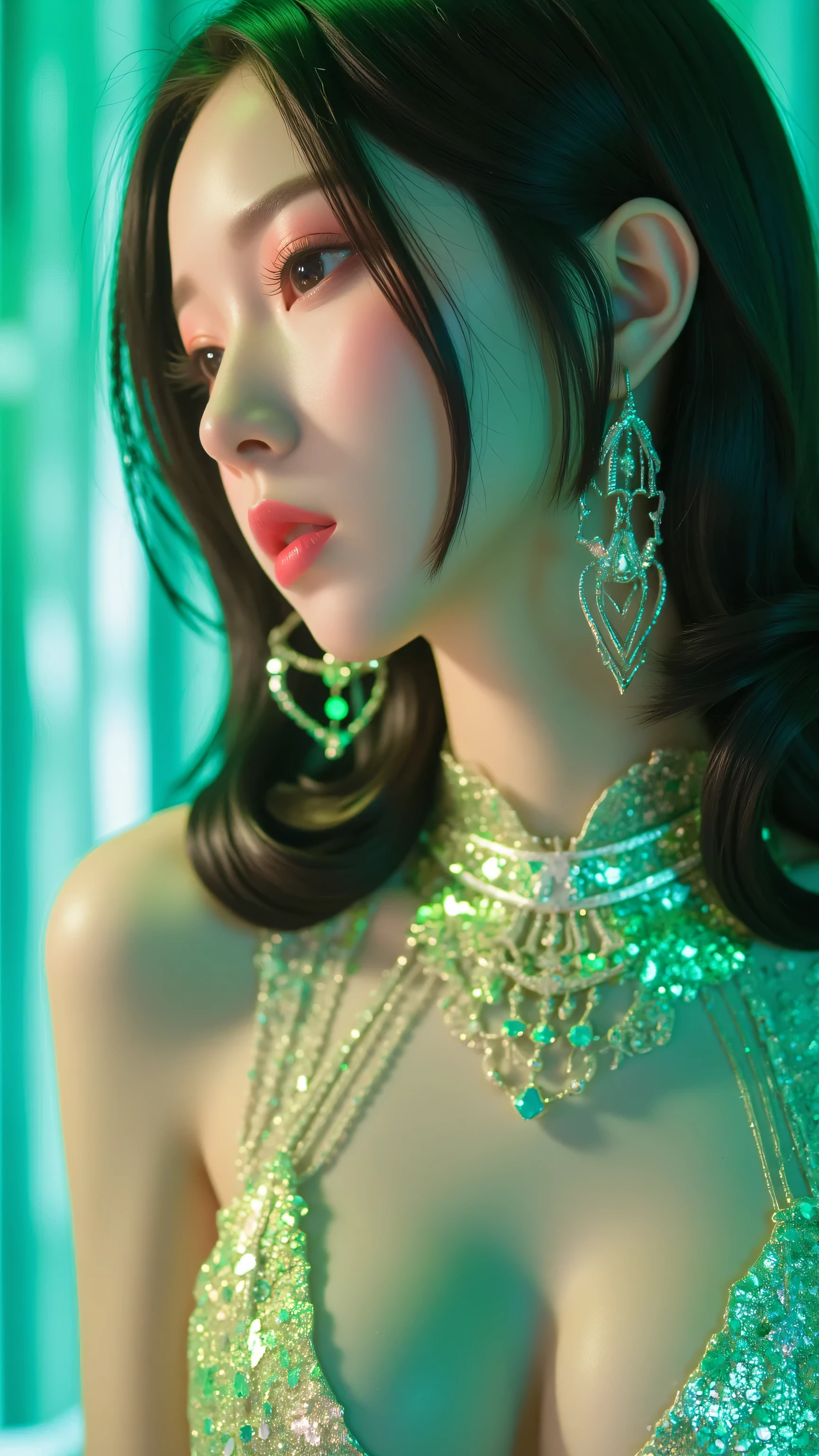 80’s glam rock makeup on shiny face, asian girl, anime, 2.5D, moody lighting, (green, pink, gold), pretty, sexy, minimal, sleek, slender, asian, elegant, futuristic, retro, sophisticated half human half machine, Kizi,(eyes looking off to side), Highly detailed, Amazing work,Vitreous luster, blues, yellows, Best quality at best,shiny skin, no background, colorful background, green background, pink background, gold, background, plunging neckline, sexy pose, dynamic pose, heavy blushing, huge breasts, colorful, color splash, neon colors, colorful background, abstract background, ethereal, glitter,