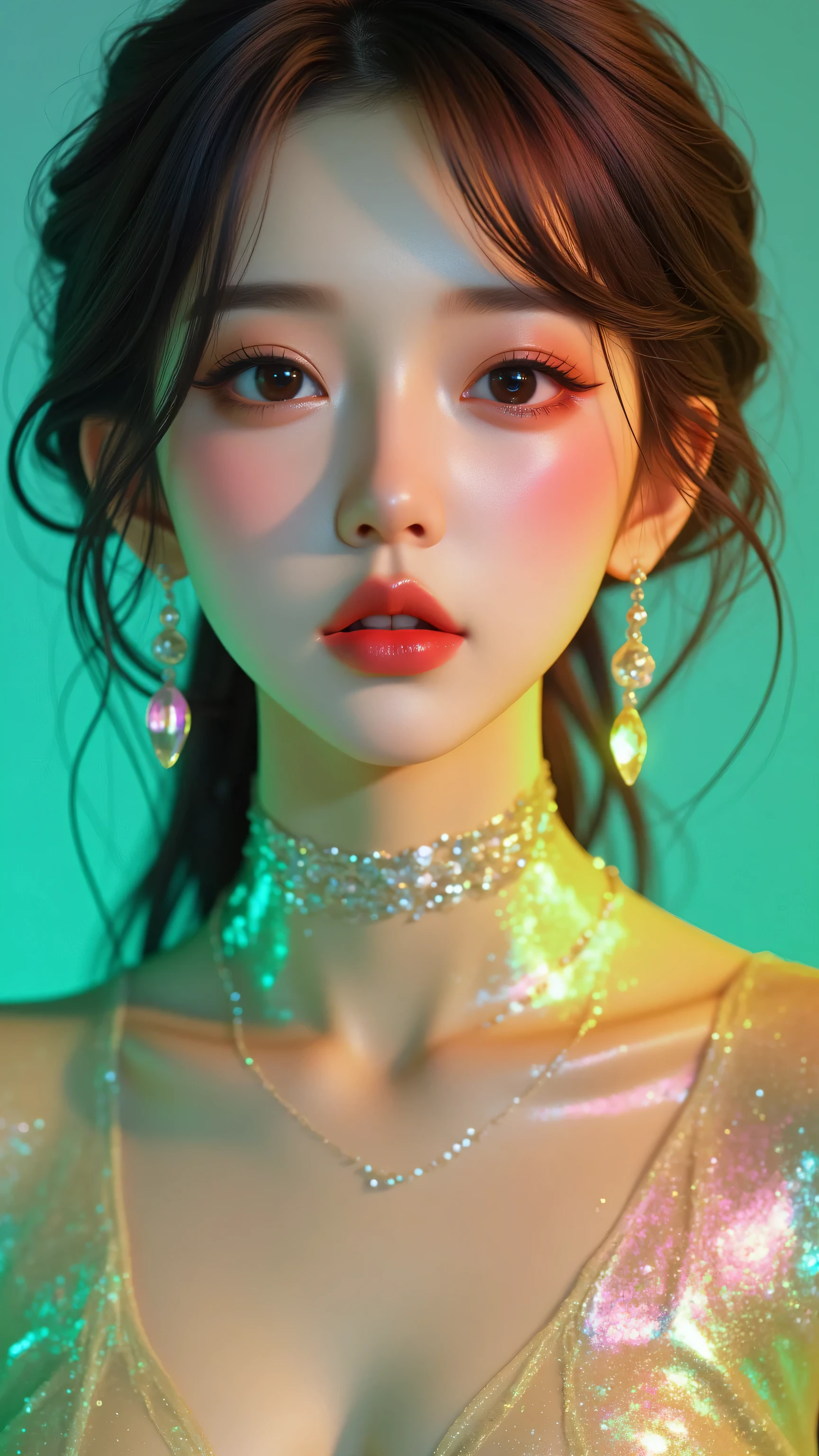 80’s glam rock makeup on shiny face, asian girl, anime, 2.5D, moody lighting, (green, pink, gold), pretty, sexy, minimal, sleek, slender, asian, elegant, futuristic, retro, sophisticated half human half machine, Kizi，(eyes looking off to side), Highly detailed, Amazing work，Vitreous luster, blues, yellows, Best quality at best，shiny skin, no background, colorful background, green background, pink background, gold, background, plunging neckline, sexy pose, dynamic pose, heavy blushing, huge breasts, colorful, color splash, neon colors, colorful background, abstract background, ethereal, glitter, 