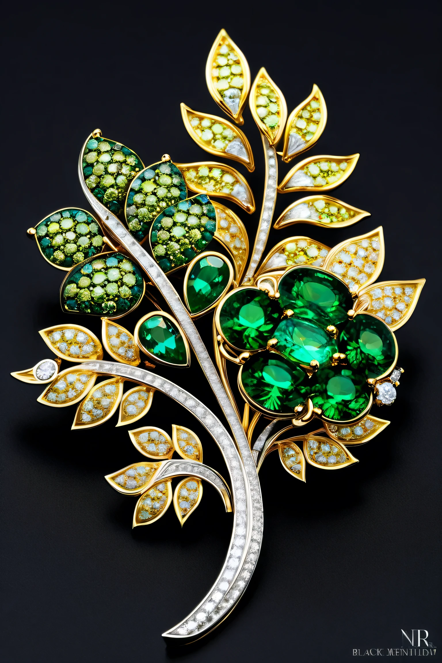 (Black background:1.1)
BREAK (Luxury accessories,brooch,luxurious brooch:1.3)
(Brooch designed like a Artistic Plants, high contrast, intricate details, gold and platinum, vibrant green diamonds , smaller platinum and golden embellishments, elegant refined pattern, opulent, sparkling gemstones, dramatic lighting, sophistication, luxury:1.2)
BREAK best quality, hyperrealistic rendition, ultra detailed, realistic, high definition