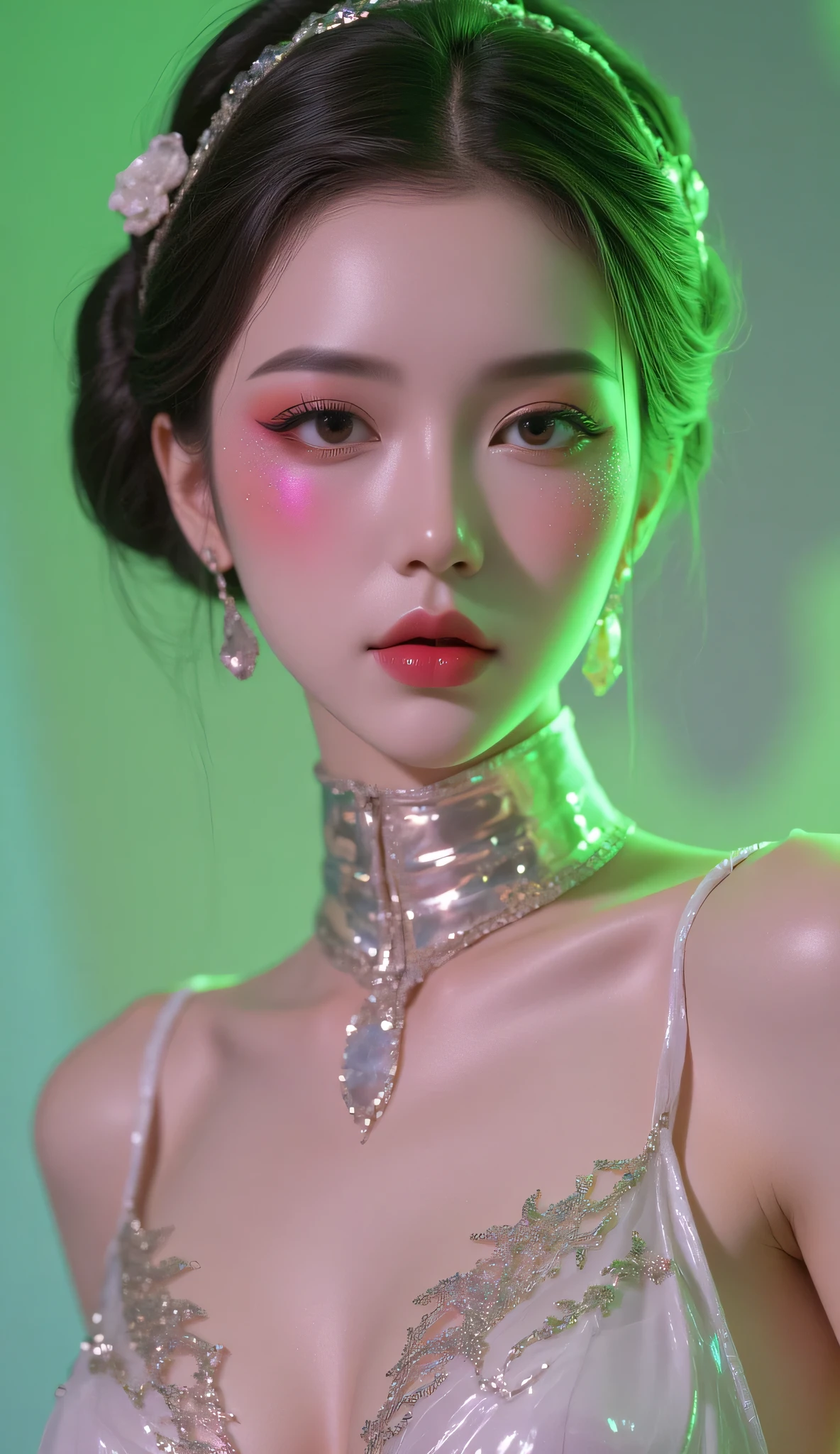 80’s glam rock makeup on shiny face, asian girl, anime, 2.5D, moody lighting, (green, pink, gold), pretty, sexy, minimal, sleek, slender, asian, elegant, futuristic, retro, sophisticated half human half machine, Kizi,(eyes looking off to side), Highly detailed, Amazing work,Vitreous luster, blues, yellows, Best quality at best,shiny skin, no background, colorful background, green background, pink background, gold, background, plunging neckline, sexy pose, dynamic pose, heavy blushing, huge breasts, colorful, color splash, neon colors, colorful background, abstract background, ethereal, glitter,
