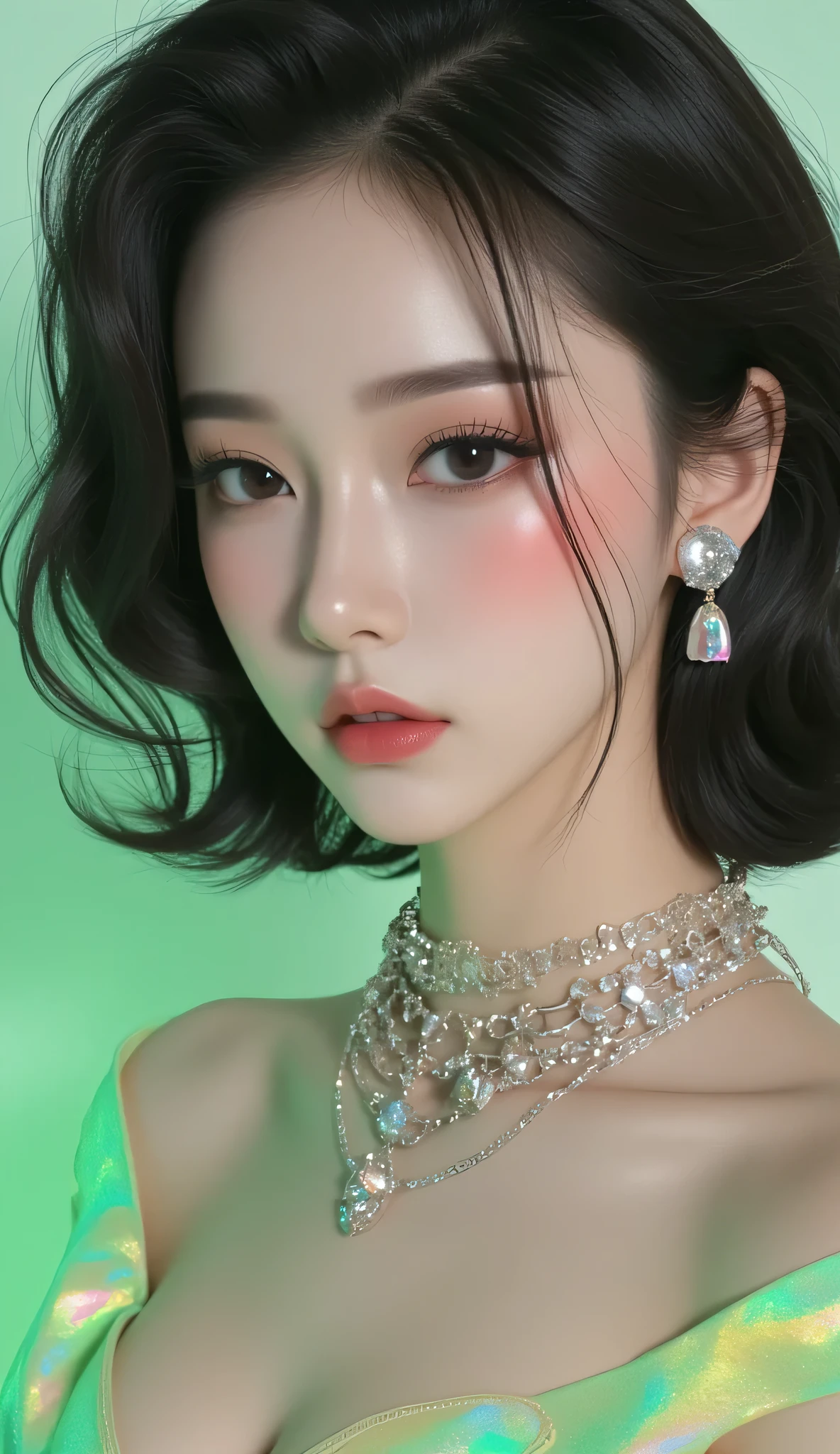 80’s glam rock makeup on shiny face, asian girl, anime, 2.5D, moody lighting, (green, pink, gold), pretty, sexy, minimal, sleek, slender, asian, elegant, futuristic, retro, sophisticated half human half machine, Kizi,(eyes looking off to side), Highly detailed, Amazing work,Vitreous luster, blues, yellows, Best quality at best,shiny skin, no background, colorful background, green background, pink background, gold, background, plunging neckline, sexy pose, dynamic pose, heavy blushing, huge breasts, colorful, color splash, neon colors, colorful background, abstract background, ethereal, glitter,