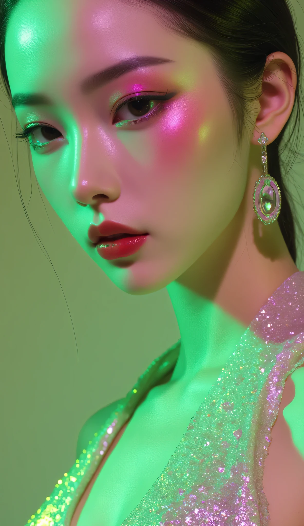 80’s glam rock makeup on shiny face, asian girl, anime, 2.5D, moody lighting, (green, pink, gold), pretty, sexy, minimal, sleek, slender, asian, elegant, futuristic, retro, sophisticated half human half machine, Kizi,(eyes looking off to side), Highly detailed, Amazing work,Vitreous luster, blues, yellows, Best quality at best,shiny skin, no background, colorful background, green background, pink background, gold, background, plunging neckline, sexy pose, dynamic pose, heavy blushing, huge breasts, colorful, color splash, neon colors, colorful background, abstract background, ethereal, glitter,