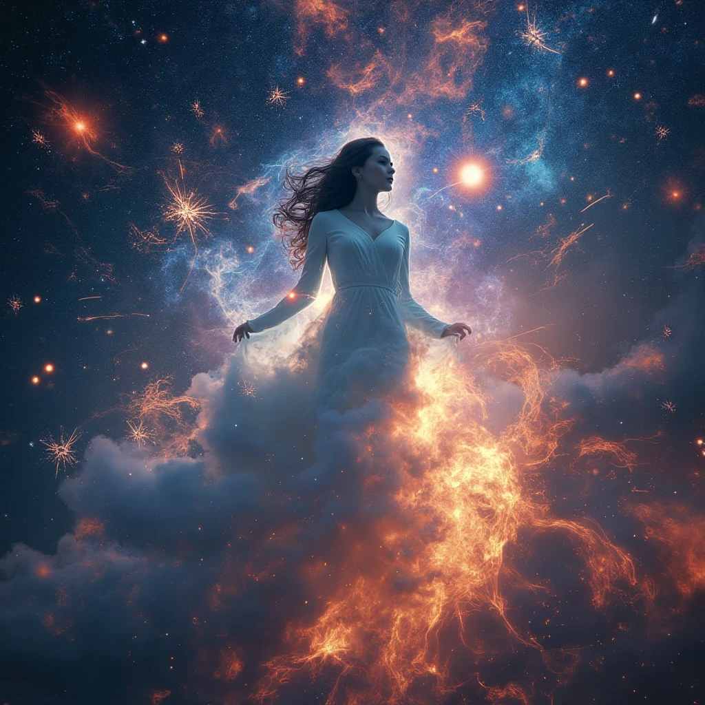 (solo) inconceivable and spectacular an emergency scene of a cloud figure Sophie Turner in a cosmic cloud, strands of fractal nebulae, cosmic, celestial, cosmic, vibrant and vivid entities, whirlwinds, spinning, unreal, high contrast, symbolism, magical, mystical, mystifying, hyper-realistic, supersaturated, colorful, 8K