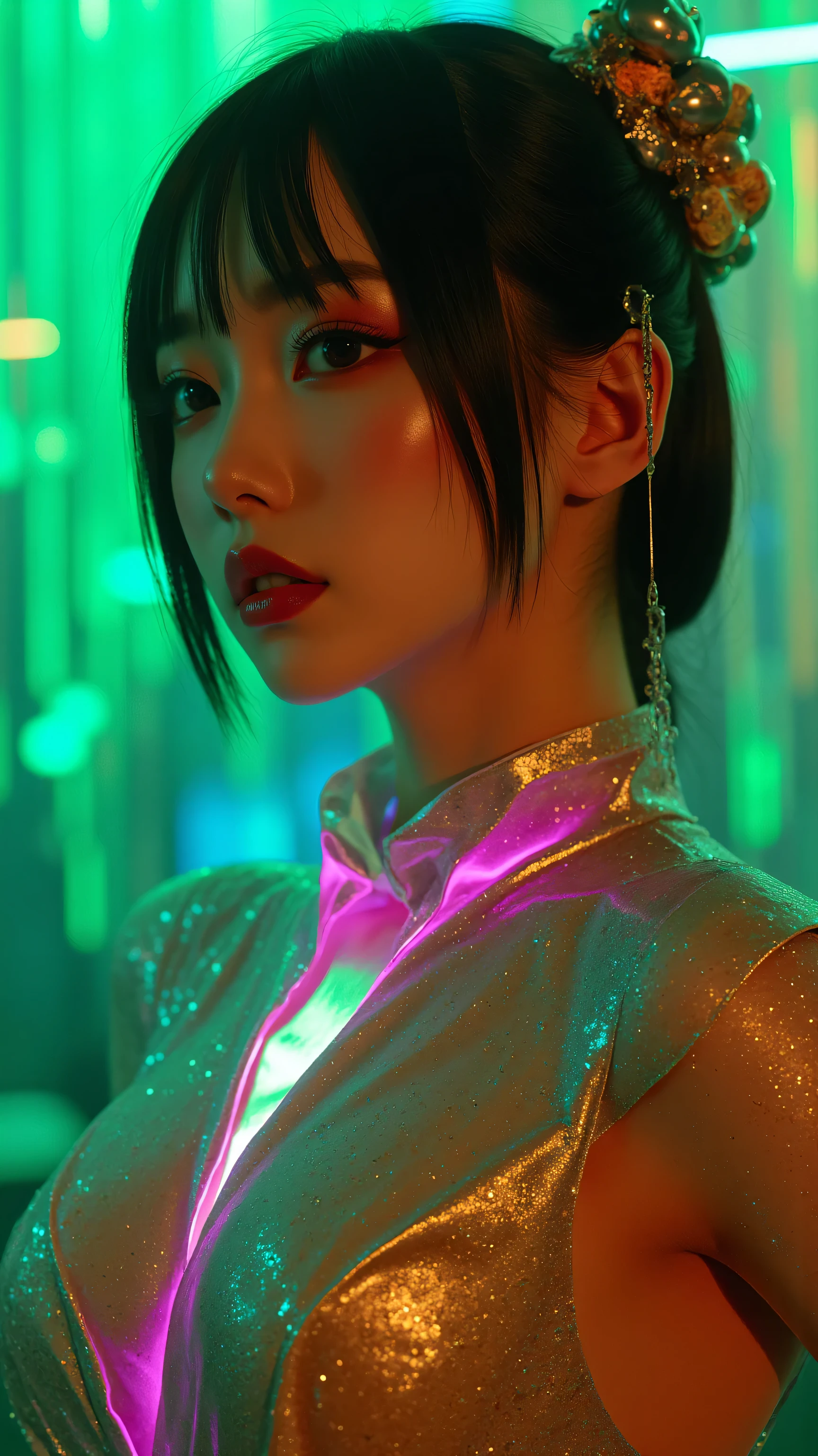 80’s glam rock makeup on shiny face, asian girl, anime, 2.5D, moody lighting, (green, pink, gold), pretty, sexy, minimal, sleek, slender, asian, elegant, futuristic, retro, sophisticated half human half machine, Kizi,(eyes looking off to side), Highly detailed, Amazing work,Vitreous luster, blues, yellows, Best quality at best,shiny skin, no background, colorful background, green background, pink background, gold, background, plunging neckline, sexy pose, dynamic pose, heavy blushing, huge breasts, colorful, color splash, neon colors, colorful background, abstract background, ethereal, glitter,