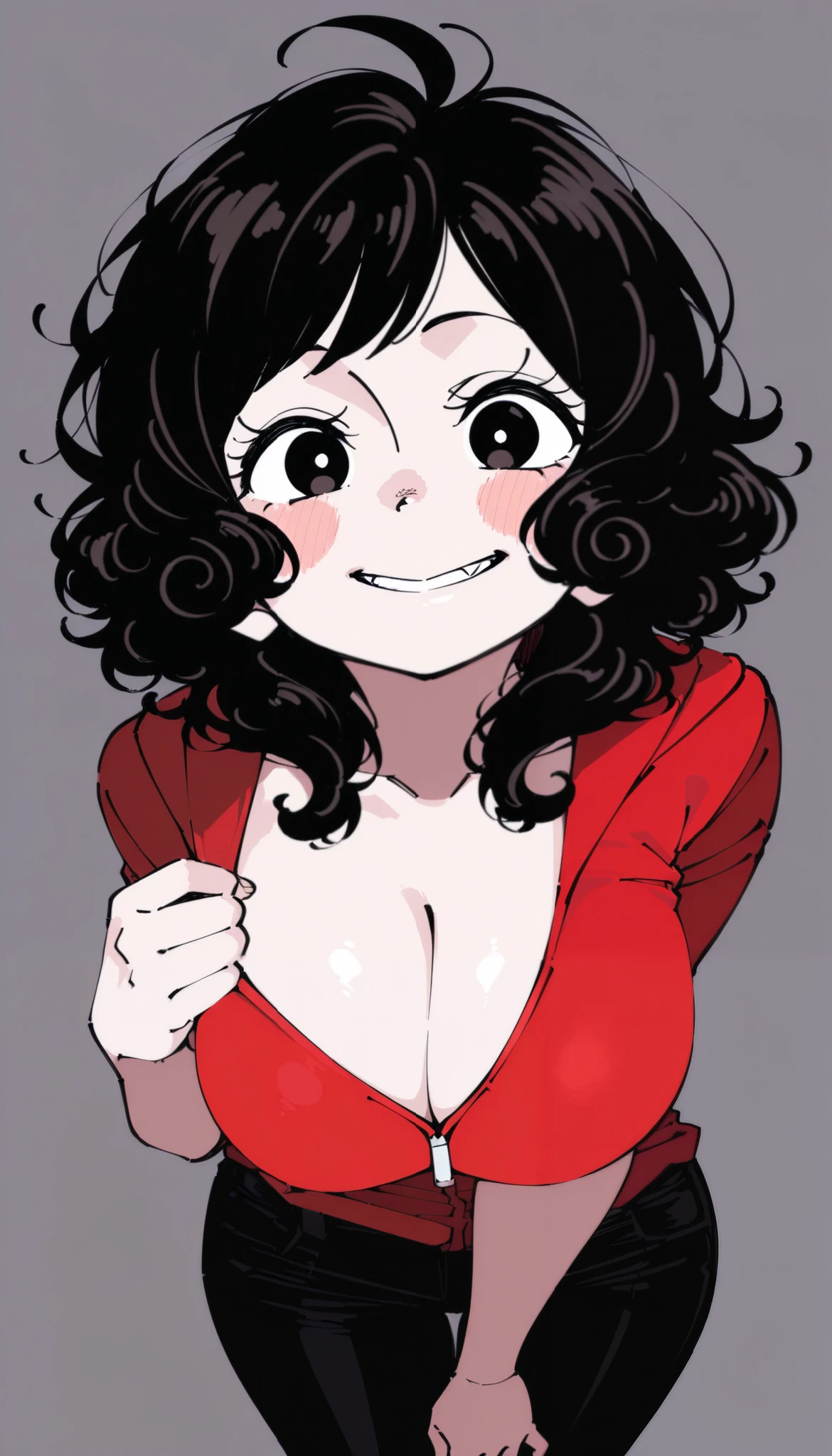 score_9, score_8_up, score_7_up, score_6_up, score_5_up, score_4_up, (masterpiece: 1.0), best quality, 1girl , Alone, Viewer, simple background, Long curly hair, demon, 小demon, Naughty, demon服装, demon角, Tridents, charming smile, Smile, blush, From above, big breasts, style: midjourney, cute