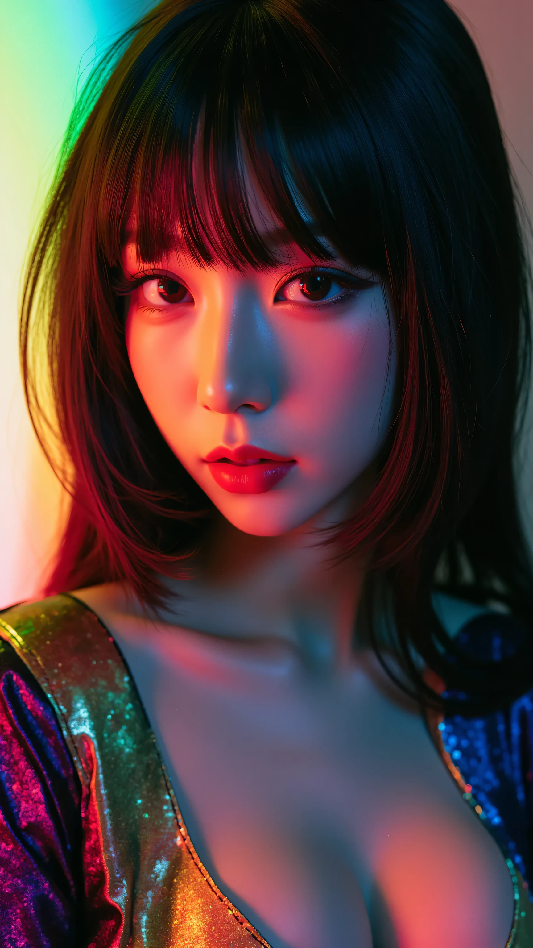 80’s glam rock makeup on shiny face, asian girl, anime, 2.5D, moody lighting, (green, pink, gold), pretty, sexy, minimal, sleek, slender, asian, elegant, futuristic, retro, sophisticated half human half machine, Kizi,(eyes looking off to side), Highly detailed, Amazing work,Vitreous luster, blues, yellows, Best quality at best,shiny skin, no background, colorful background, green background, pink background, gold, background, plunging neckline, sexy pose, dynamic pose, heavy blushing, huge breasts, colorful, color splash, neon colors, colorful background, abstract background, ethereal, glitter,