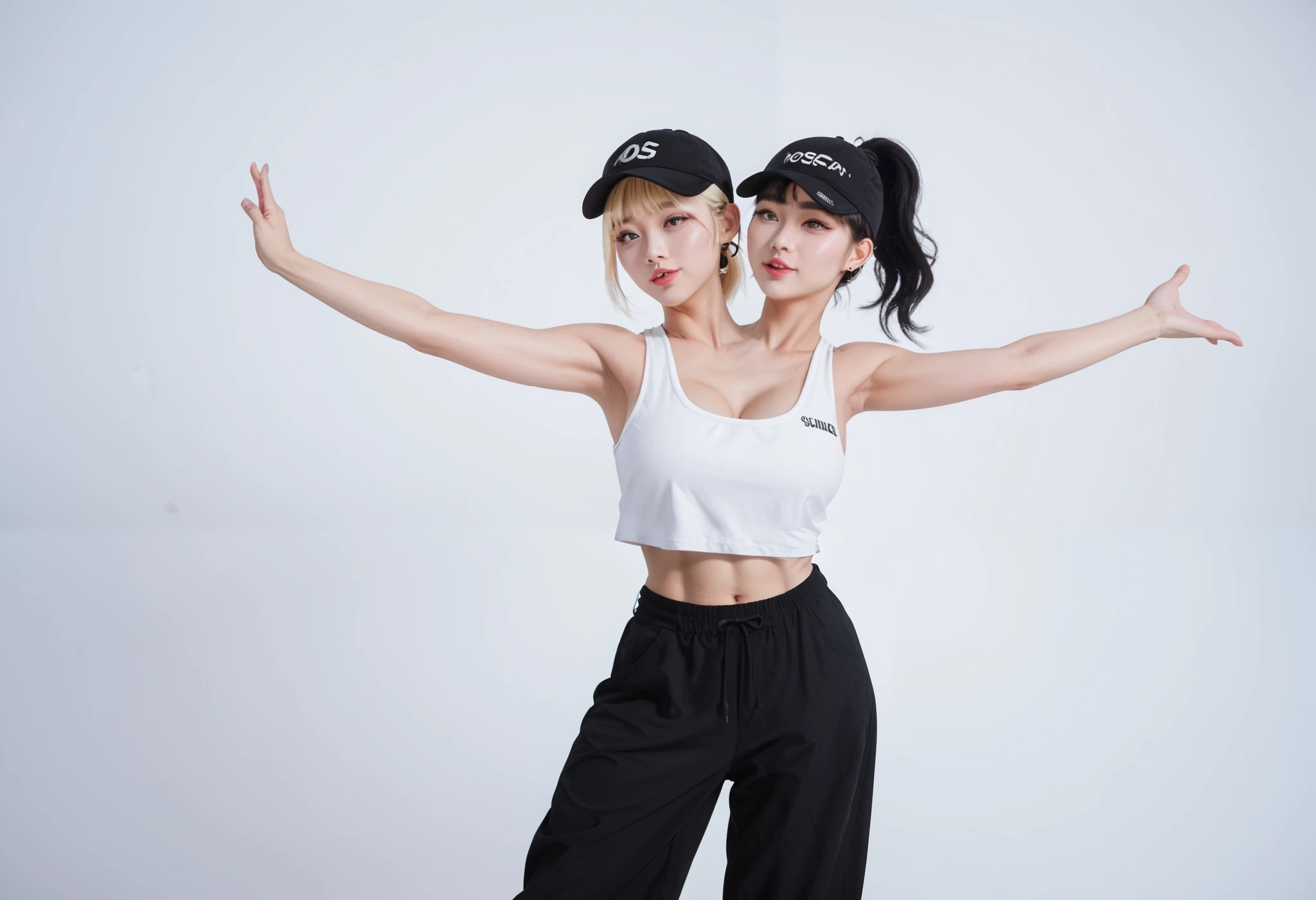 best resolution, korean woman with two heads, girl with bobcut hair blonde, girl with black hair ponytail, tall, big chest, dancing, hiphop, baggy pants, midriff, cap, bandana, sleeveless top, dance studio background,