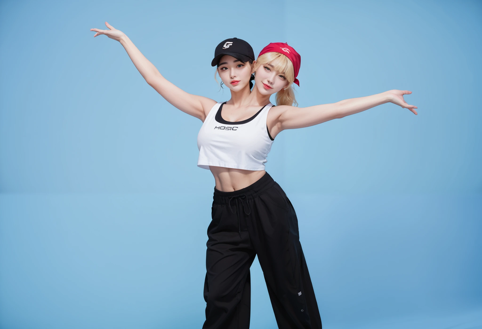 best resolution, korean woman with two heads, girl with bobcut hair blonde, girl with black hair ponytail, tall, big chest, dancing, hiphop, baggy pants, midriff, cap, bandana, sleeveless top, dance studio background,